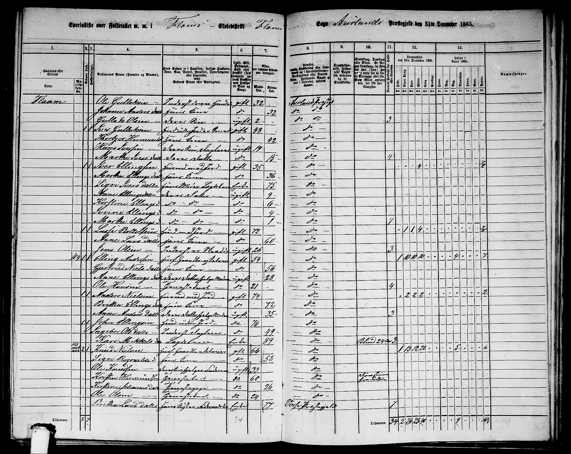 RA, 1865 census for Aurland, 1865, p. 75