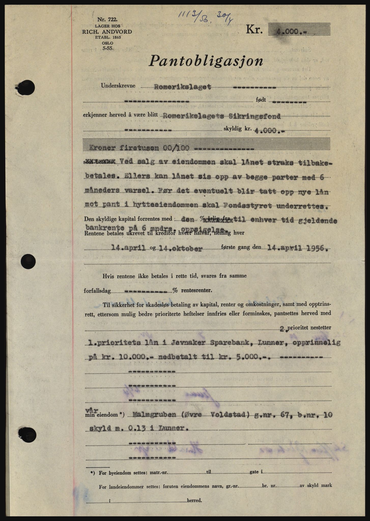 Hadeland og Land tingrett, SAH/TING-010/H/Hb/Hbc/L0034: Mortgage book no. B34, 1956-1956, Diary no: : 1113/1956