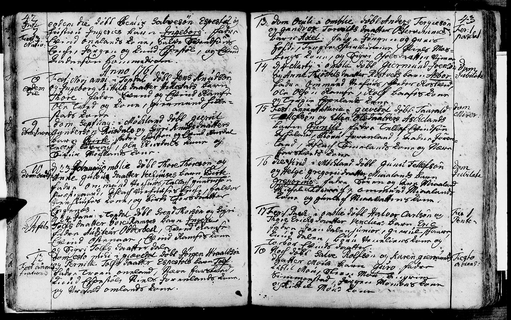 Åmli sokneprestkontor, AV/SAK-1111-0050/F/Fa/Fac/L0003: Parish register (official) no. A 3, 1756-1775, p. 42-43