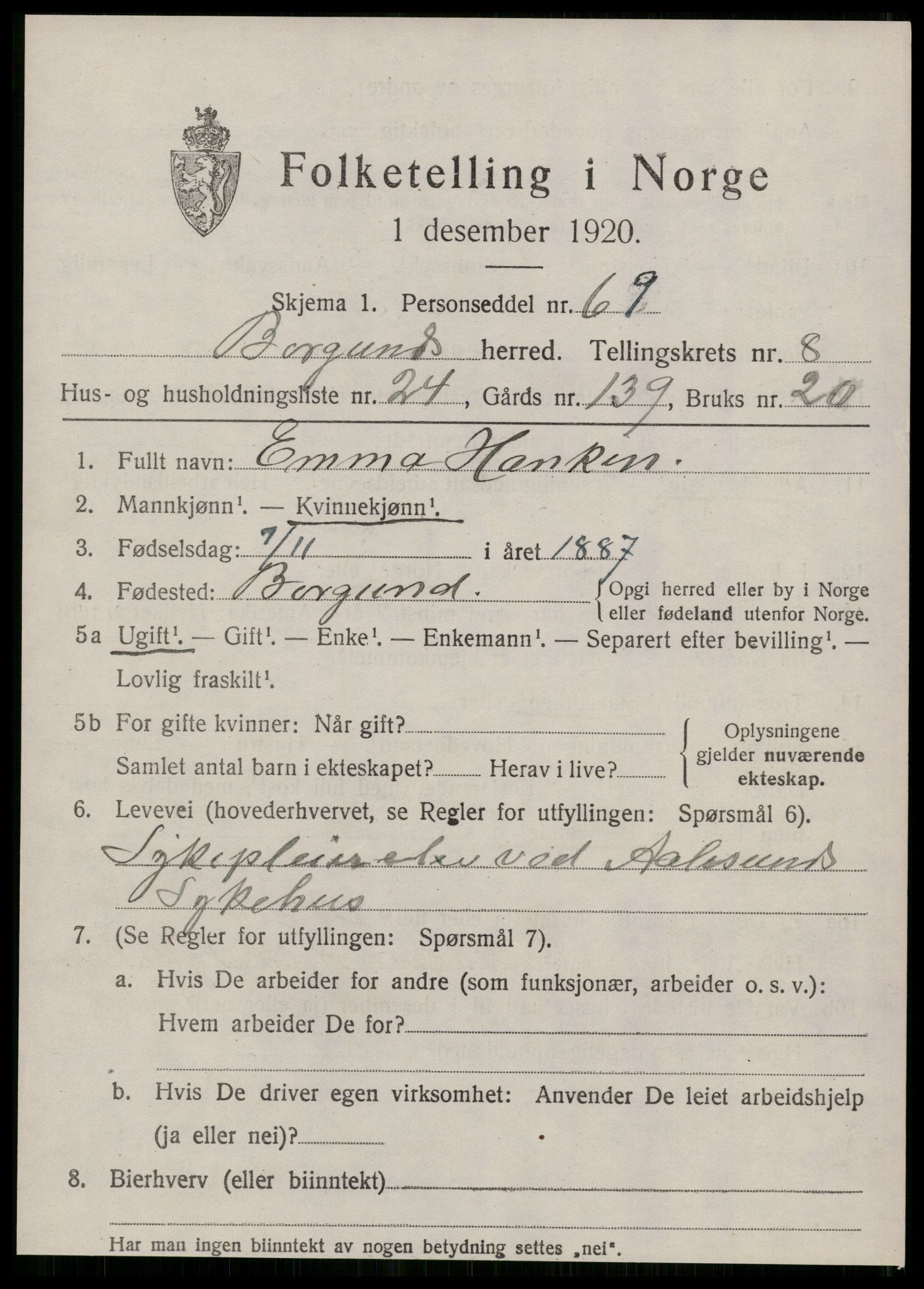 SAT, 1920 census for Borgund, 1920, p. 7800