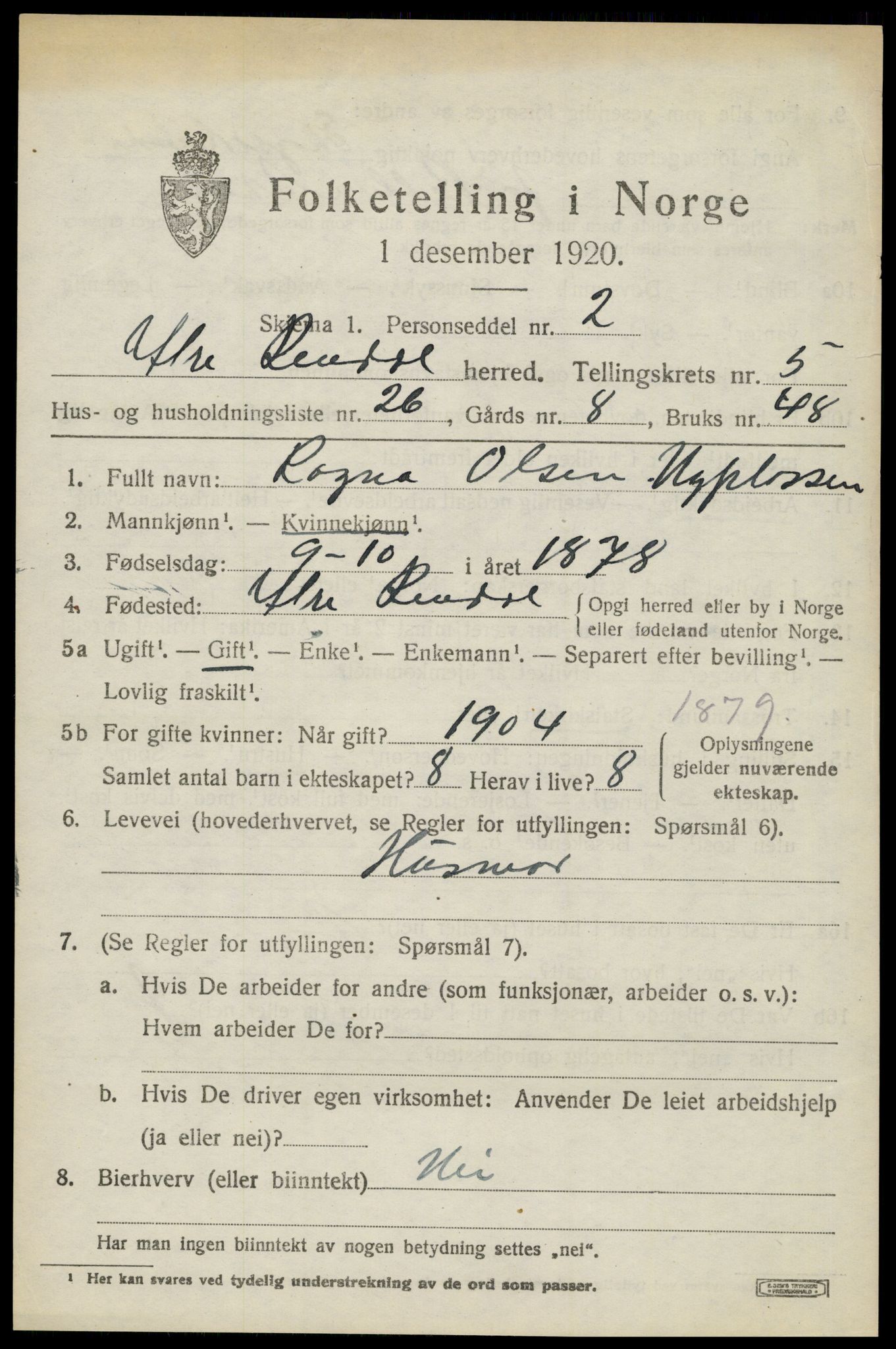 SAH, 1920 census for Ytre Rendal, 1920, p. 2939