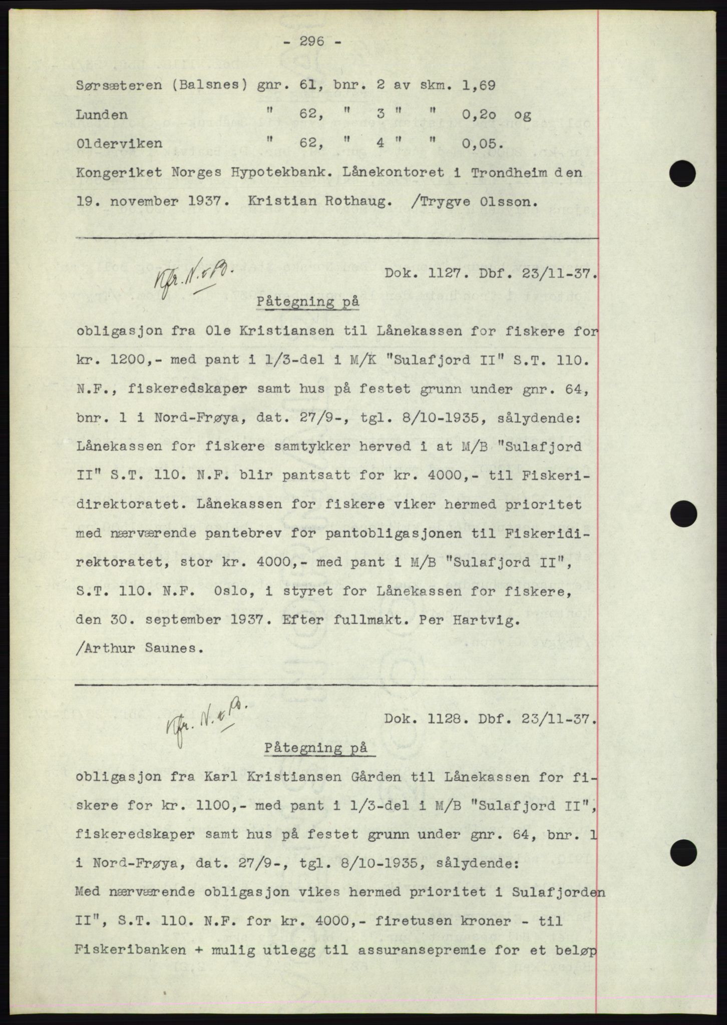 Hitra sorenskriveri, AV/SAT-A-0018/2/2C/2Ca: Mortgage book no. C1, 1936-1945, Diary no: : 1127/1937