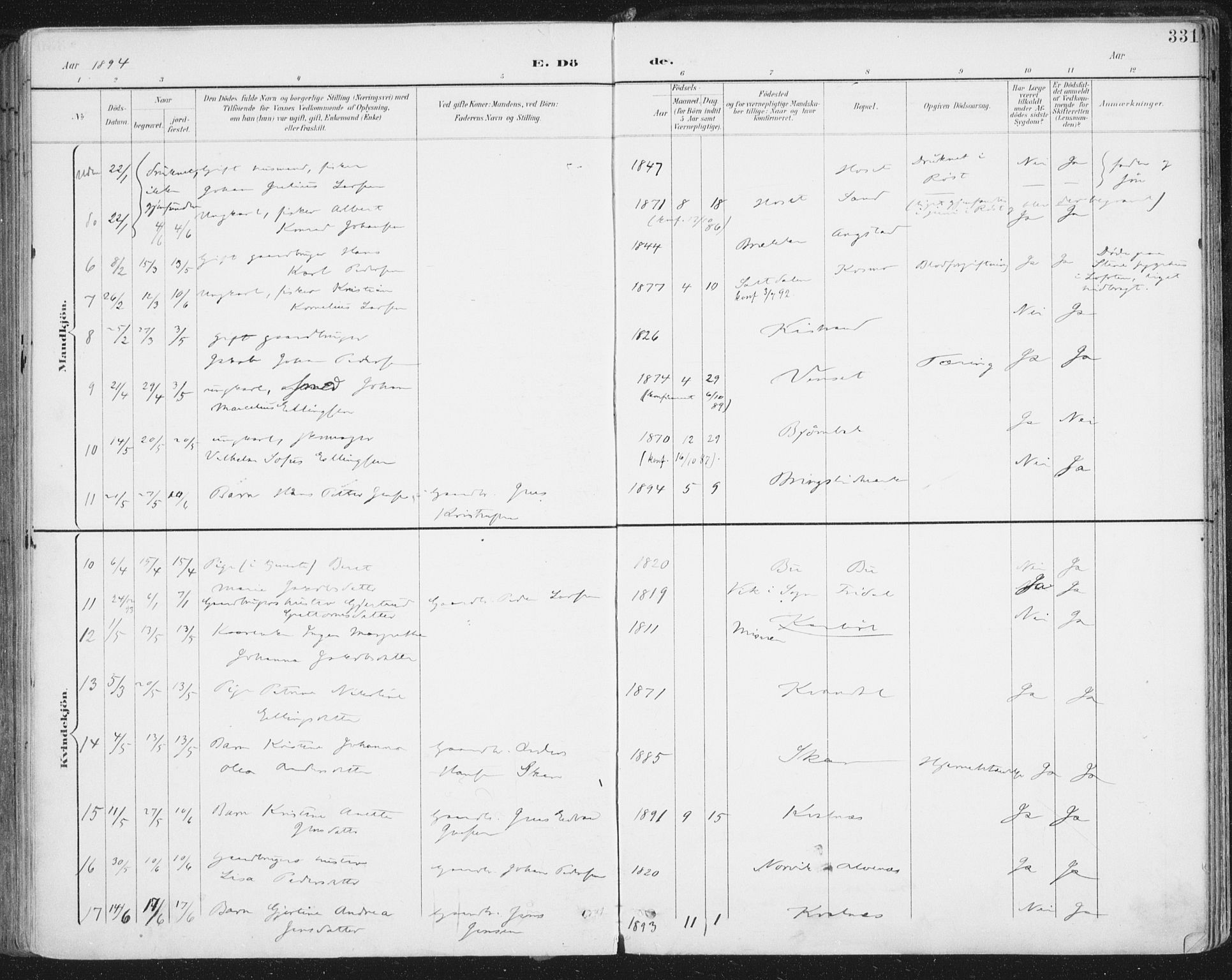 Ministerialprotokoller, klokkerbøker og fødselsregistre - Nordland, AV/SAT-A-1459/852/L0741: Parish register (official) no. 852A11, 1894-1917, p. 331