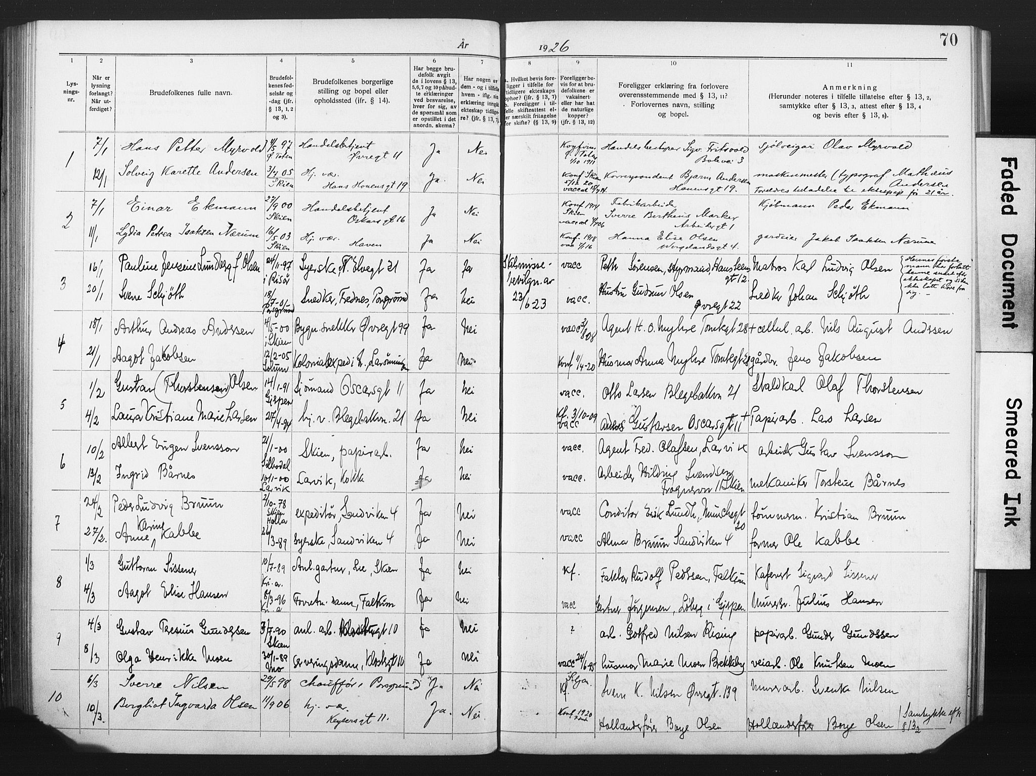 Skien kirkebøker, SAKO/A-302/H/Ha/L0001: Banns register no. 1, 1919-1929, p. 70