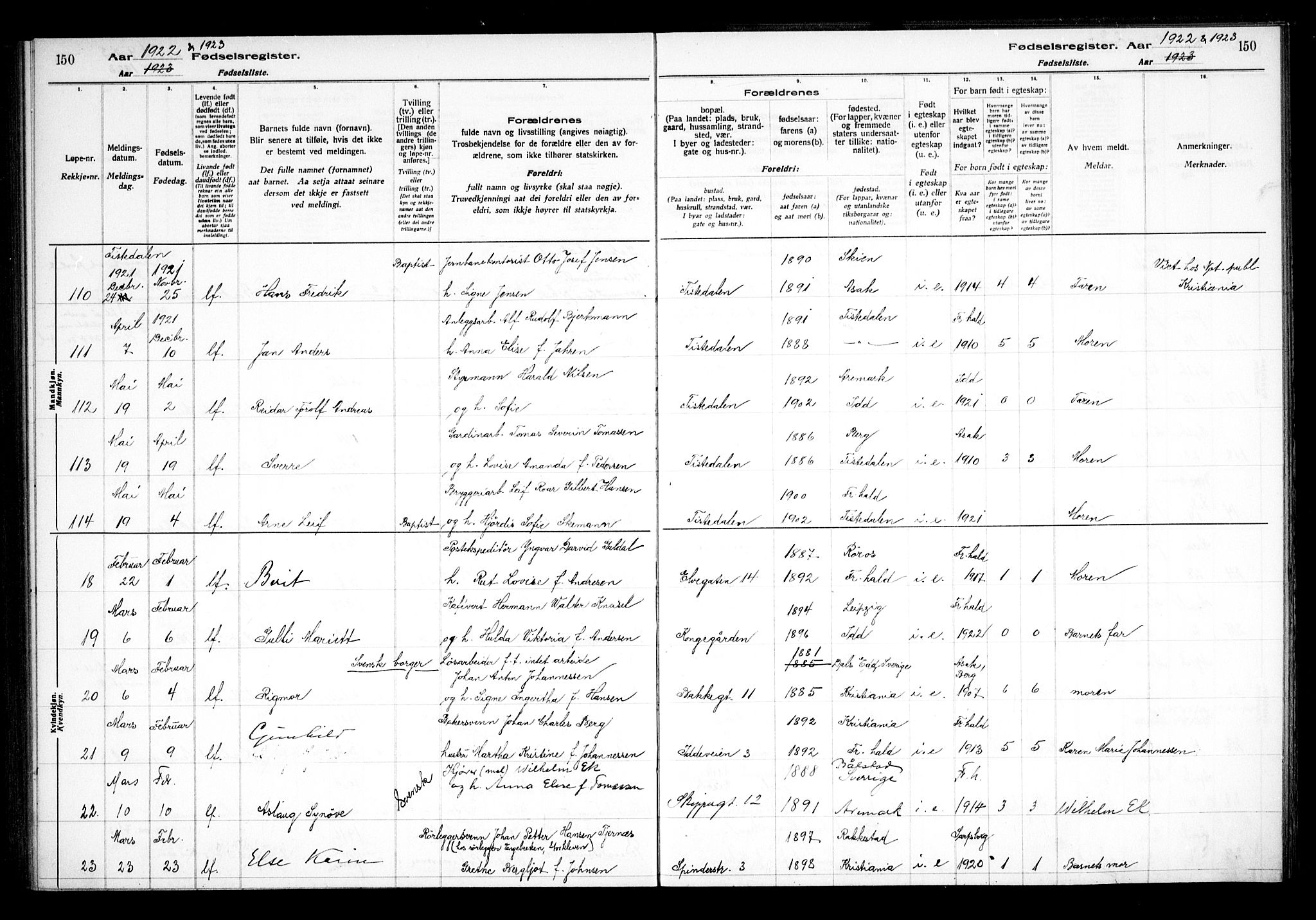 Halden prestekontor Kirkebøker, SAO/A-10909/J/Ja/L0001: Birth register no. I 1, 1916-1925, p. 150