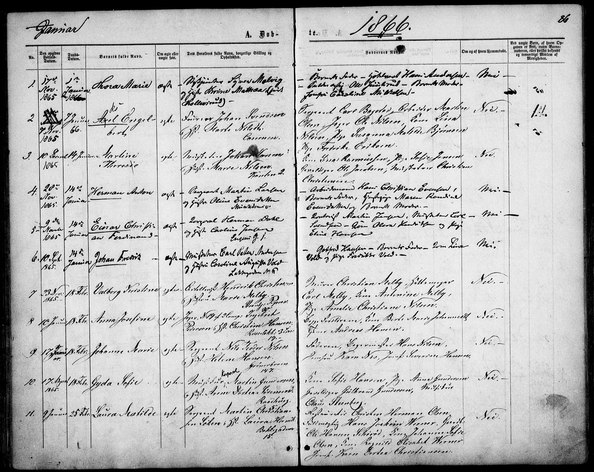 Garnisonsmenigheten Kirkebøker, SAO/A-10846/F/Fa/L0010: Parish register (official) no. 10, 1859-1869, p. 86