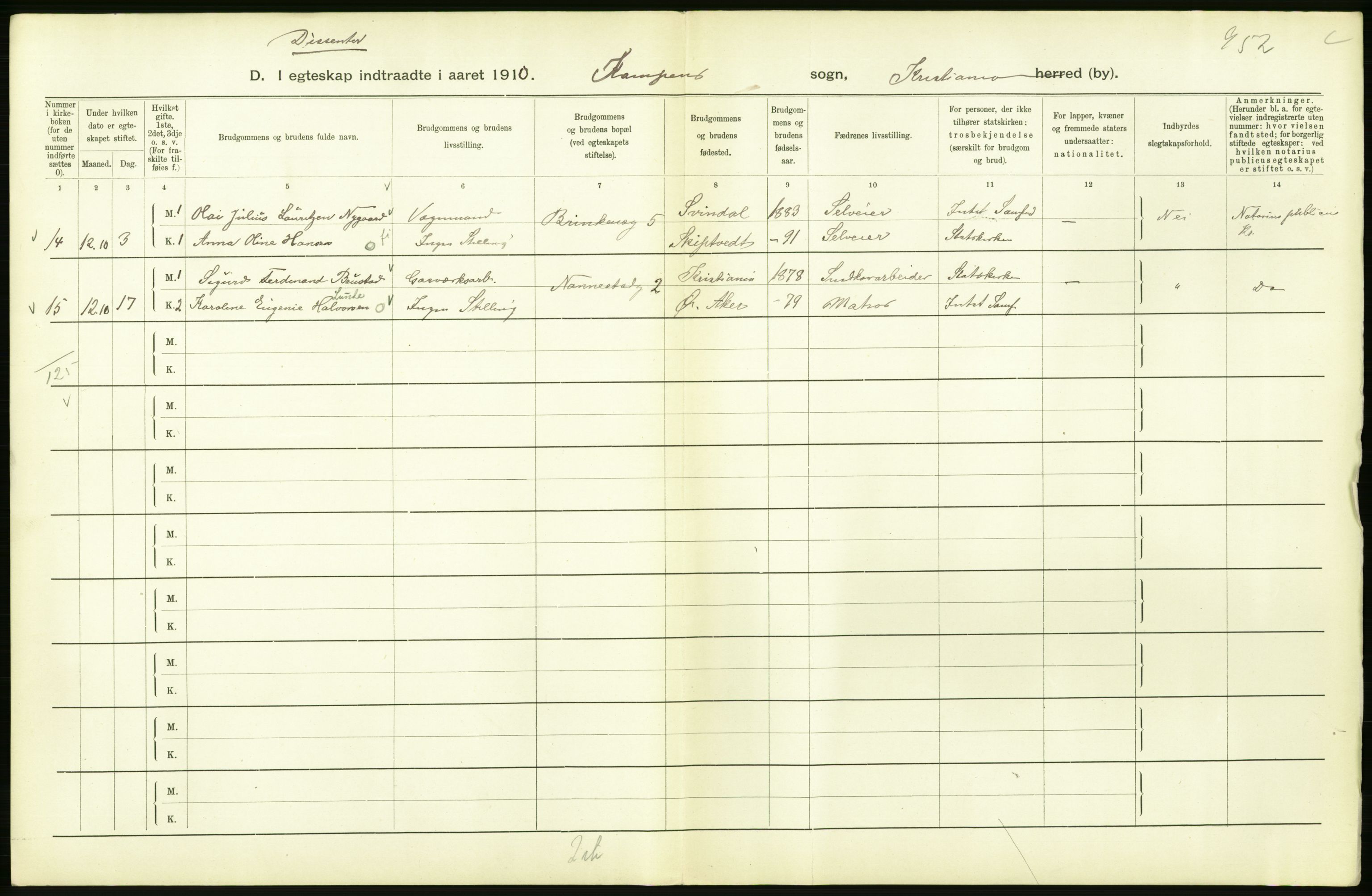 Statistisk sentralbyrå, Sosiodemografiske emner, Befolkning, RA/S-2228/D/Df/Dfa/Dfah/L0009: Kristiania: Gifte og dødfødte., 1910, p. 146