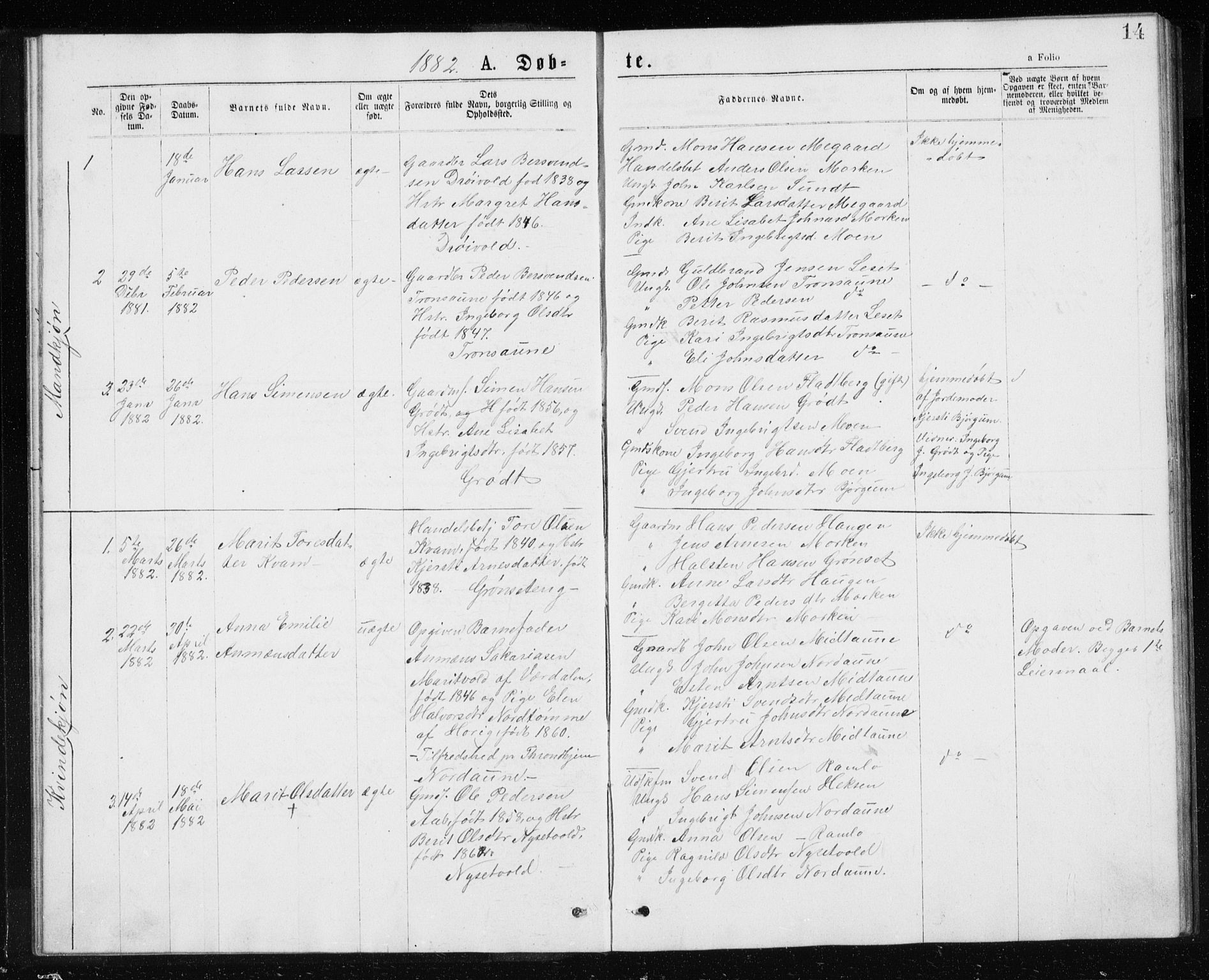 Ministerialprotokoller, klokkerbøker og fødselsregistre - Sør-Trøndelag, SAT/A-1456/685/L0977: Parish register (copy) no. 685C02, 1879-1890, p. 14
