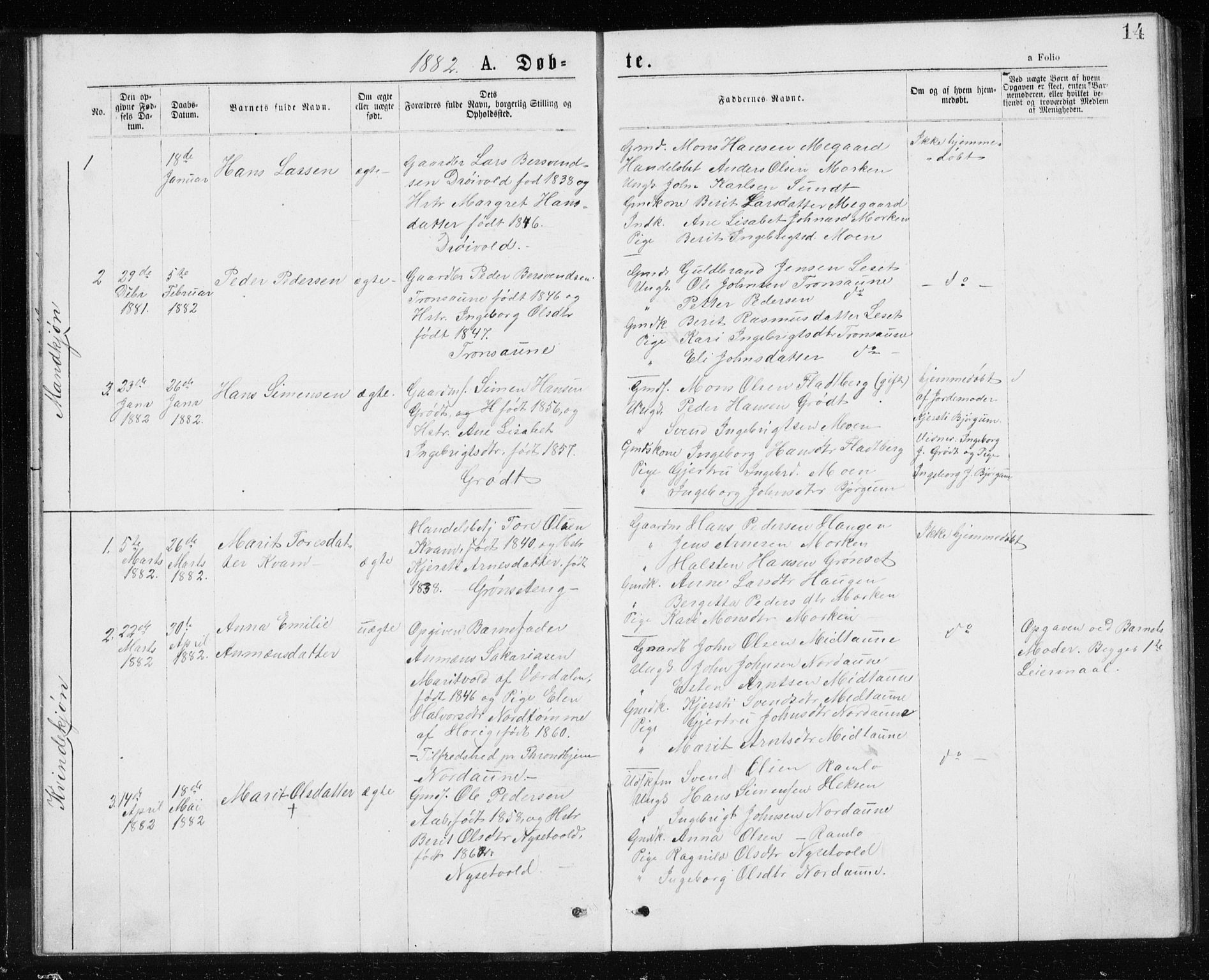 Ministerialprotokoller, klokkerbøker og fødselsregistre - Sør-Trøndelag, AV/SAT-A-1456/685/L0977: Parish register (copy) no. 685C02, 1879-1890, p. 14