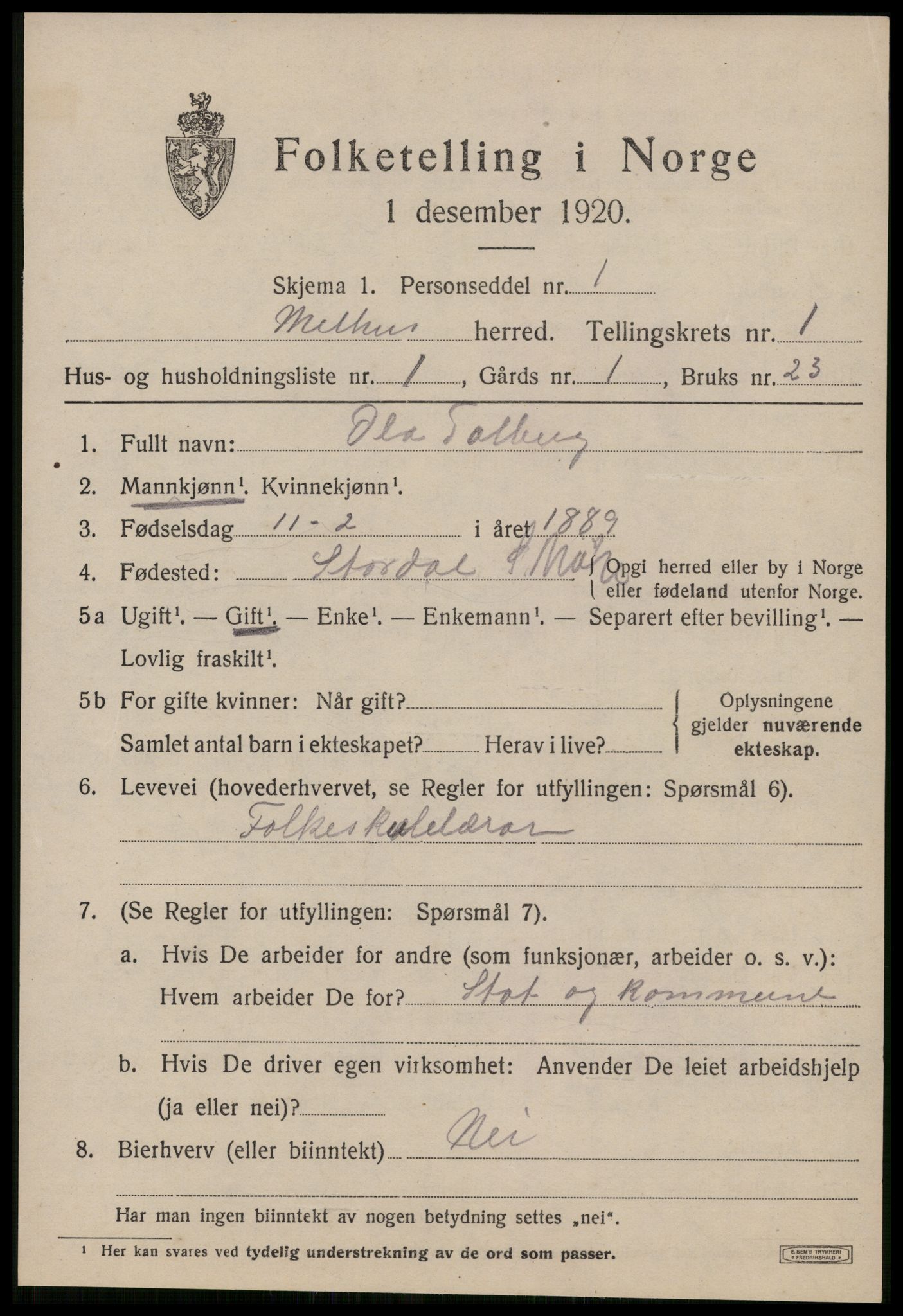 SAT, 1920 census for Melhus, 1920, p. 961