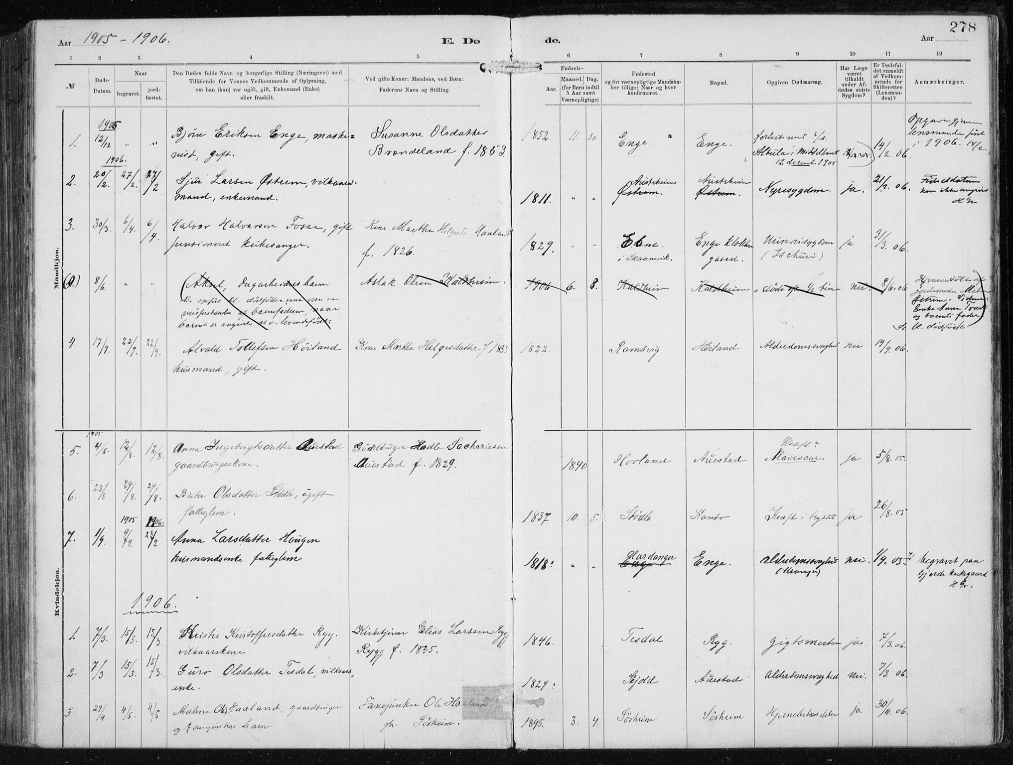 Etne sokneprestembete, SAB/A-75001/H/Haa: Parish register (official) no. B  1, 1879-1919, p. 278