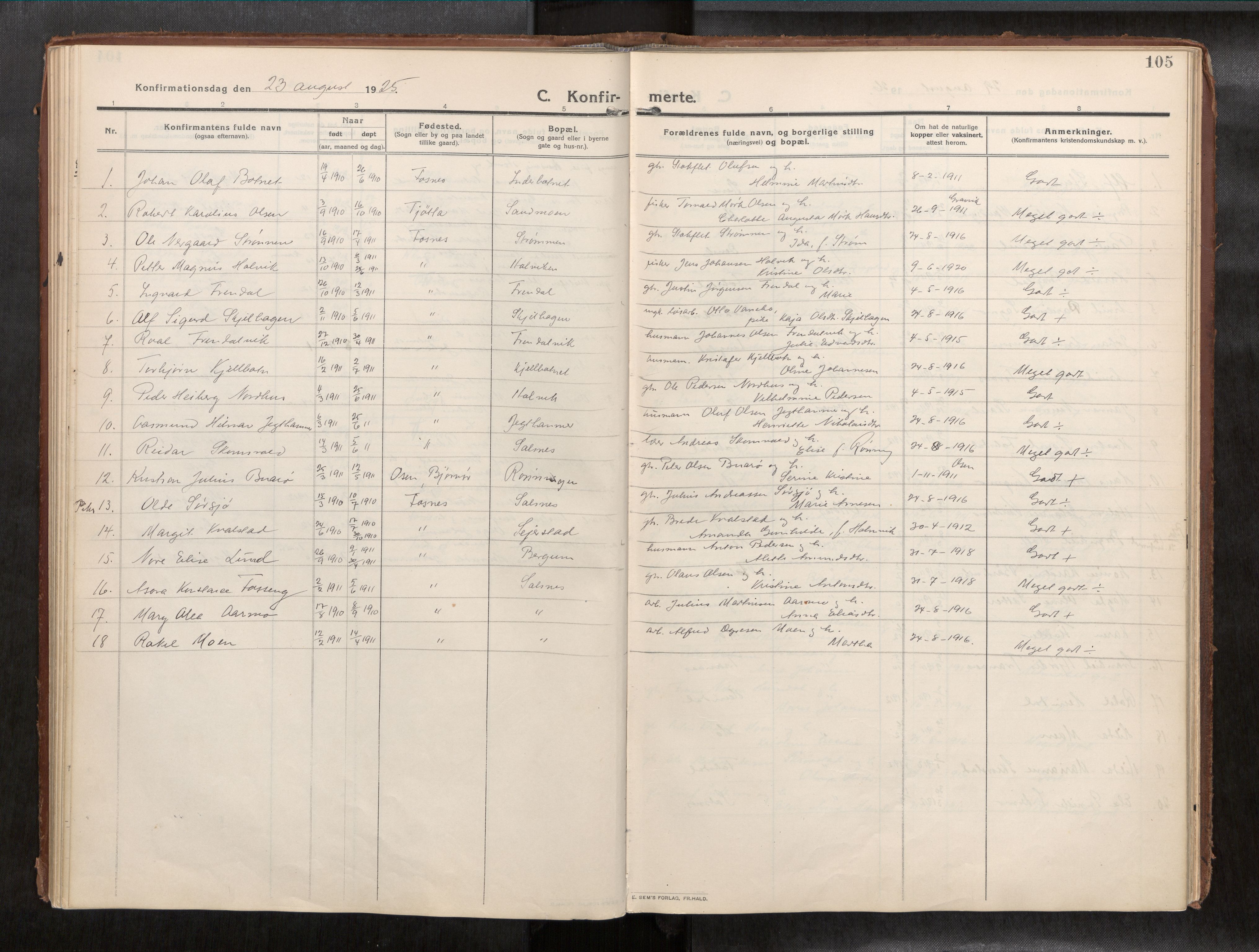 Ministerialprotokoller, klokkerbøker og fødselsregistre - Nord-Trøndelag, SAT/A-1458/773/L0624a: Parish register (official) no. 773A16, 1910-1936, p. 105