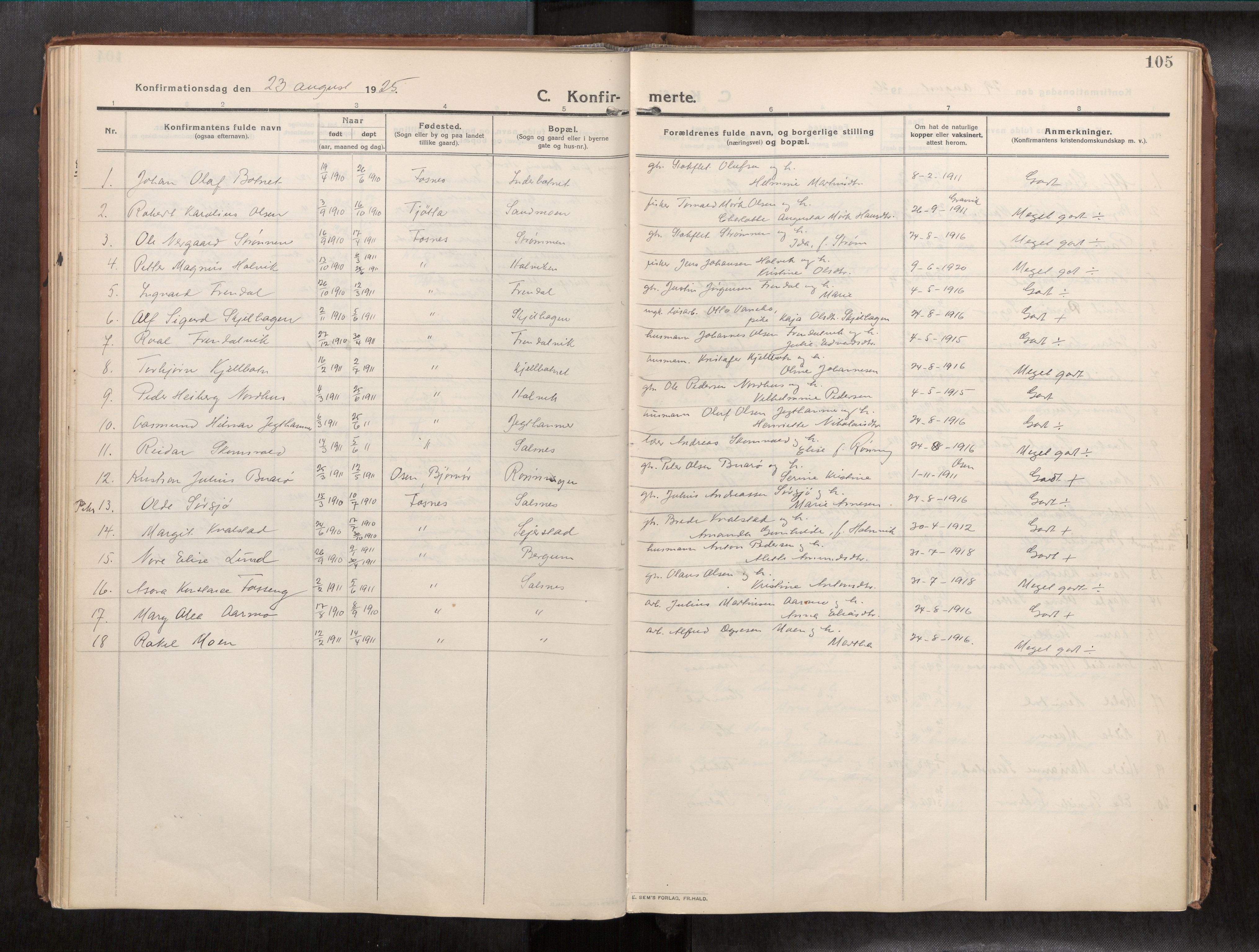 Ministerialprotokoller, klokkerbøker og fødselsregistre - Nord-Trøndelag, AV/SAT-A-1458/773/L0624a: Parish register (official) no. 773A16, 1910-1936, p. 105
