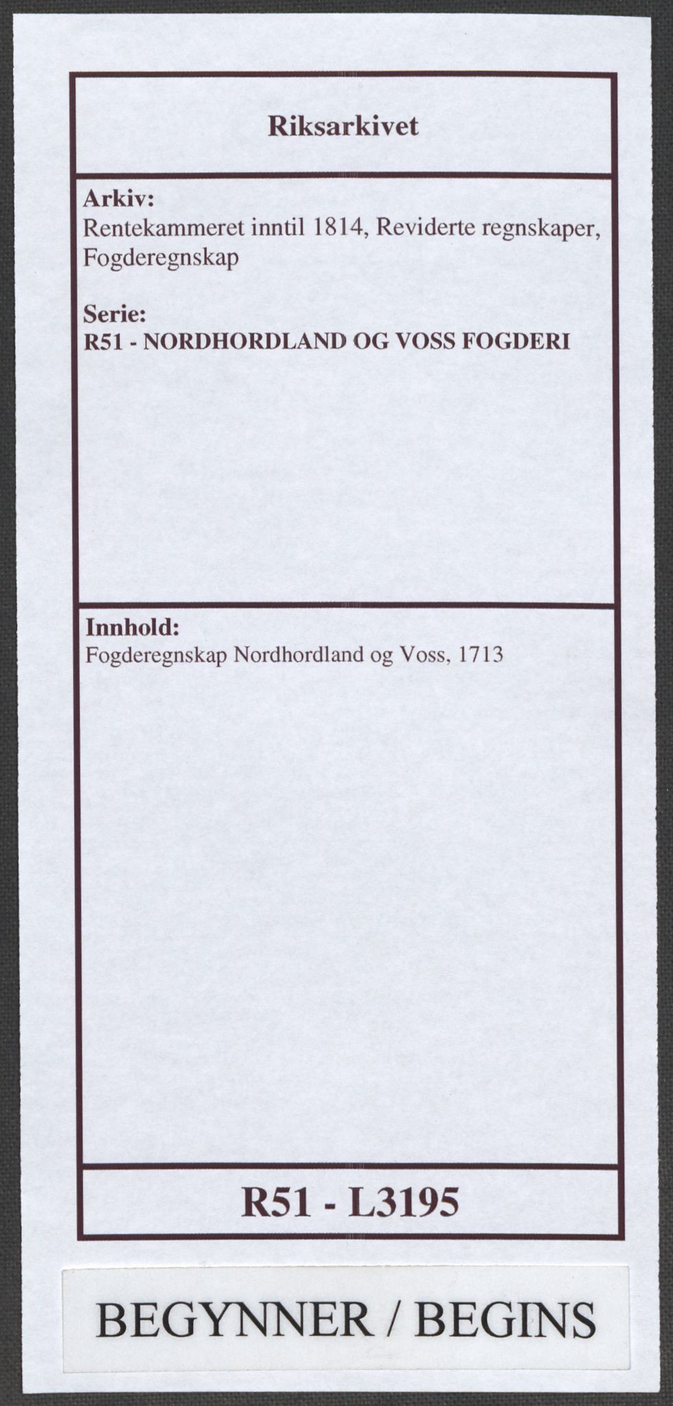 Rentekammeret inntil 1814, Reviderte regnskaper, Fogderegnskap, RA/EA-4092/R51/L3195: Fogderegnskap Nordhordland og Voss, 1713, p. 1