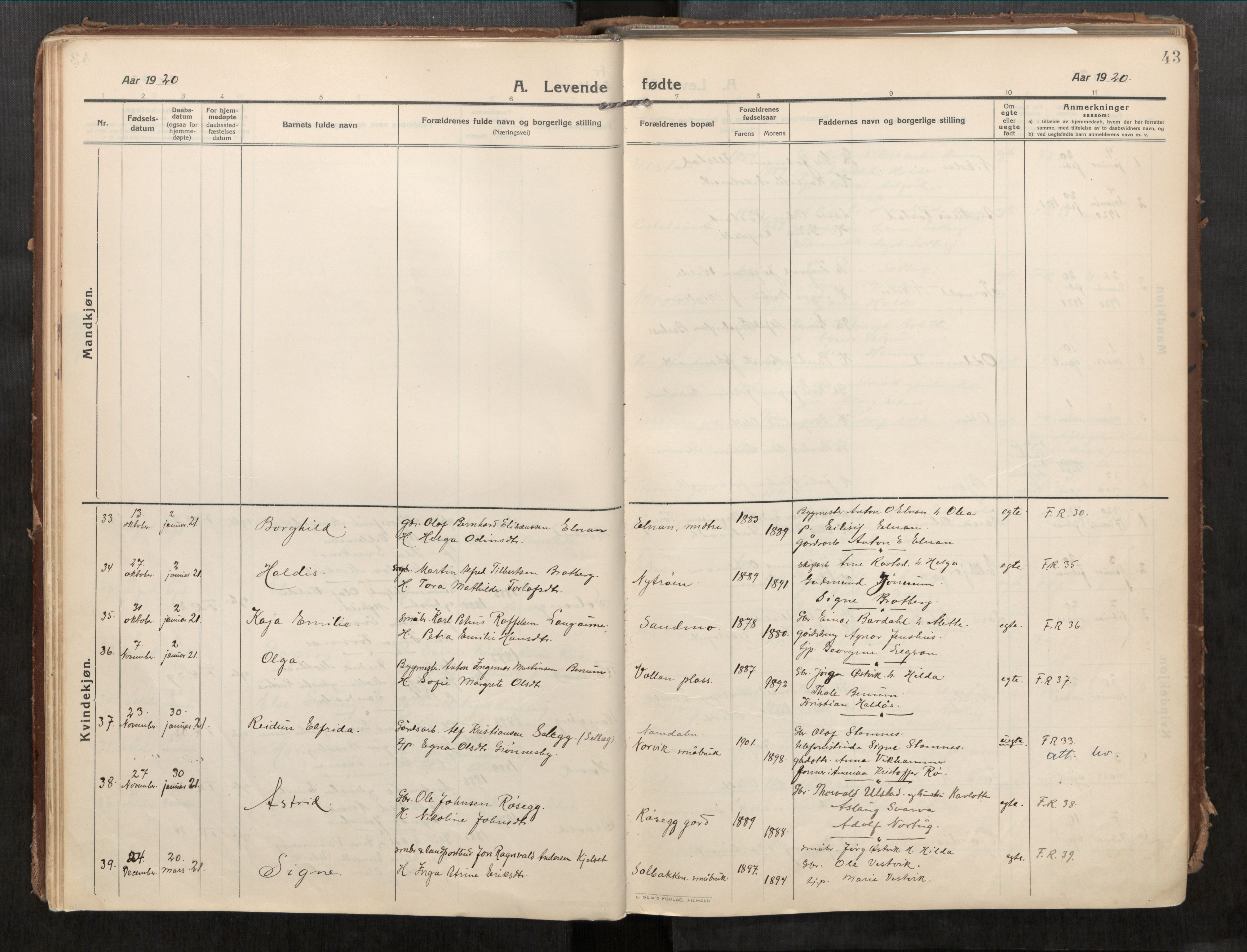 Beitstad sokneprestkontor, AV/SAT-A-1162/I/I1/I1a/L0001: Parish register (official) no. 1, 1912-1927, p. 43