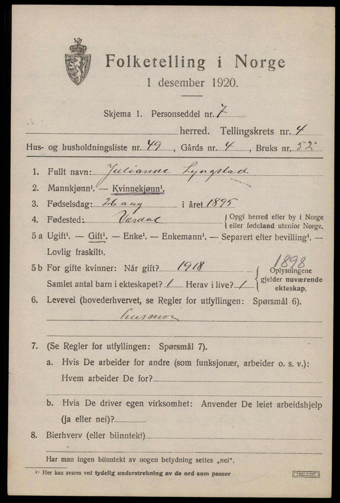 SAT, 1920 census for Egge, 1920, p. 3054