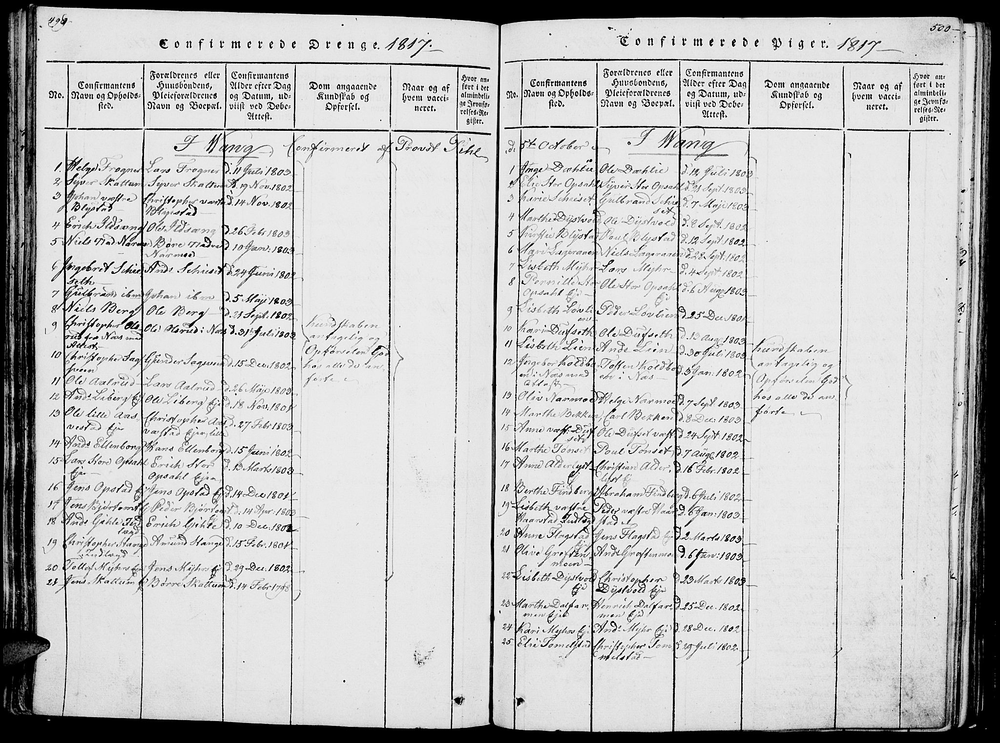 Vang prestekontor, Hedmark, SAH/PREST-008/H/Ha/Haa/L0007: Parish register (official) no. 7, 1813-1826, p. 499-500