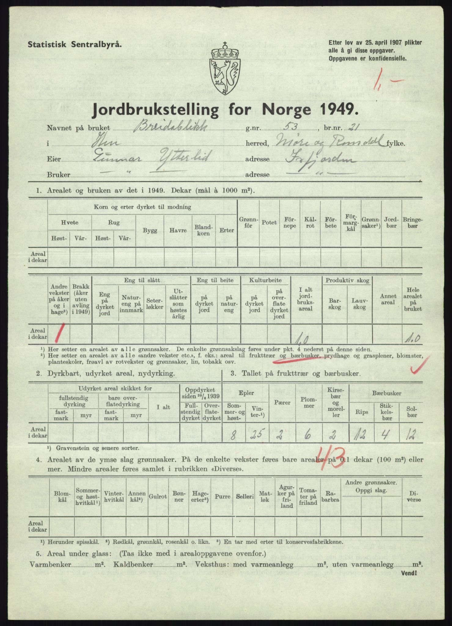 Statistisk sentralbyrå, Næringsøkonomiske emner, Jordbruk, skogbruk, jakt, fiske og fangst, AV/RA-S-2234/G/Gc/L0323: Møre og Romsdal: Grytten og Hen, 1949, p. 479