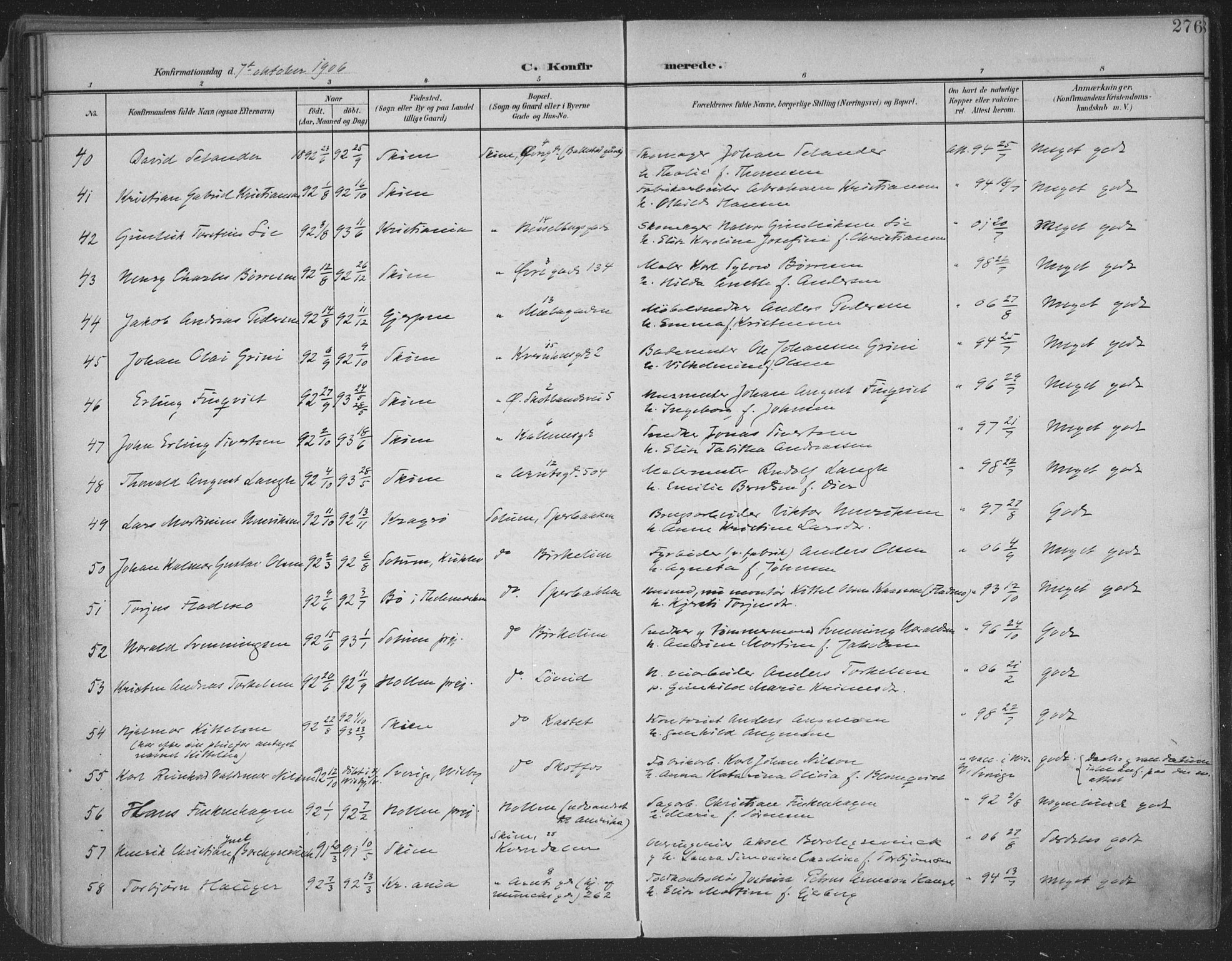 Skien kirkebøker, AV/SAKO-A-302/F/Fa/L0011: Parish register (official) no. 11, 1900-1907, p. 276