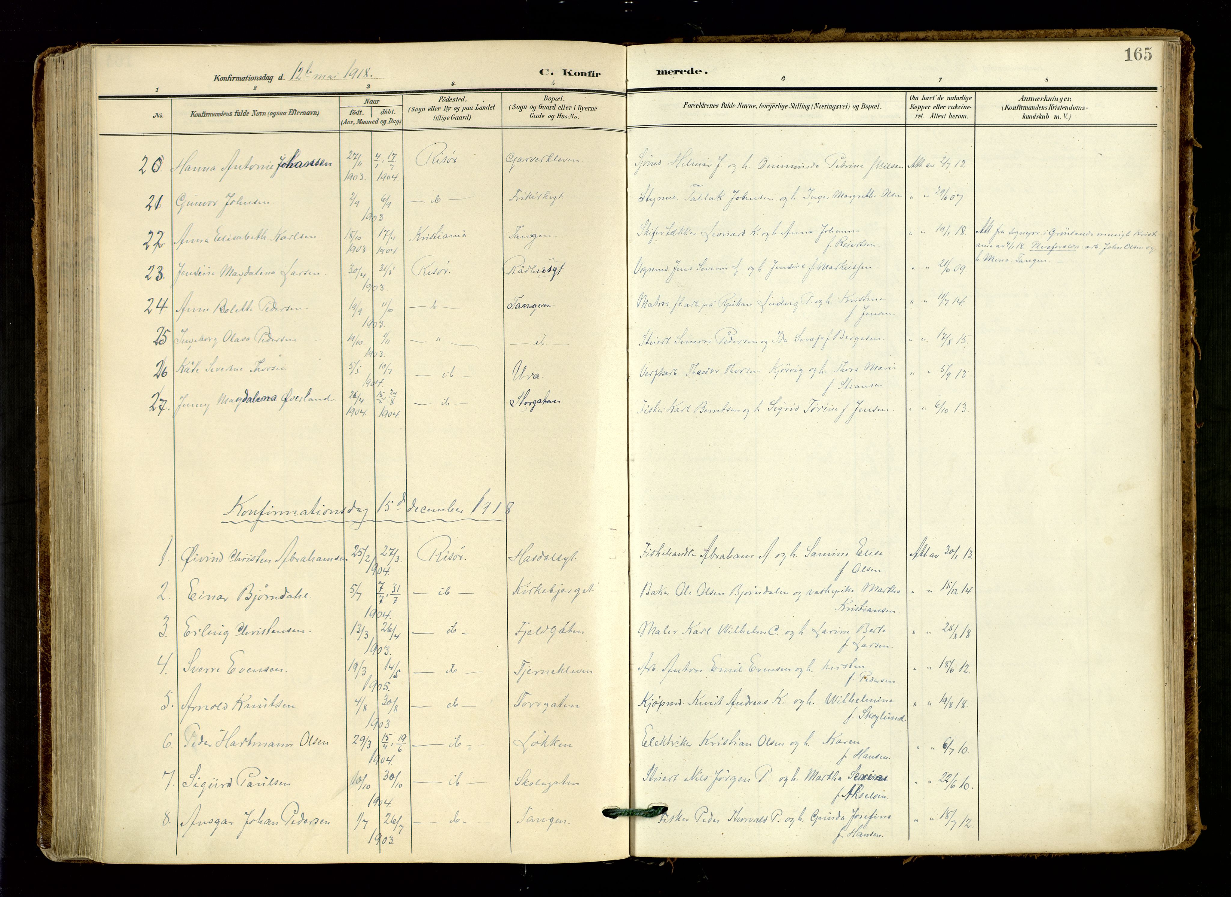 Risør sokneprestkontor, AV/SAK-1111-0035/F/Fa/L0011: Parish register (official) no. A 11, 1907-1920, p. 165