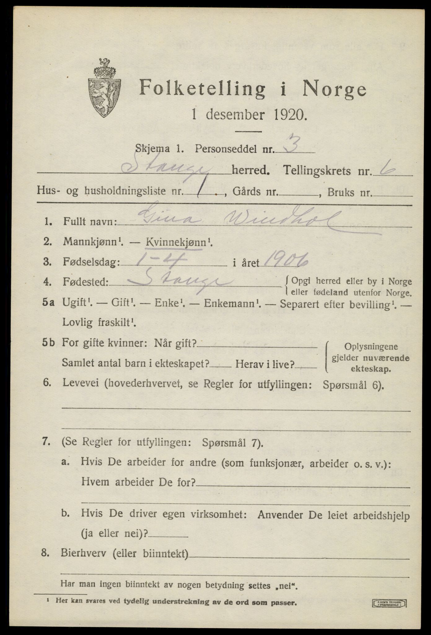 SAH, 1920 census for Stange, 1920, p. 10599