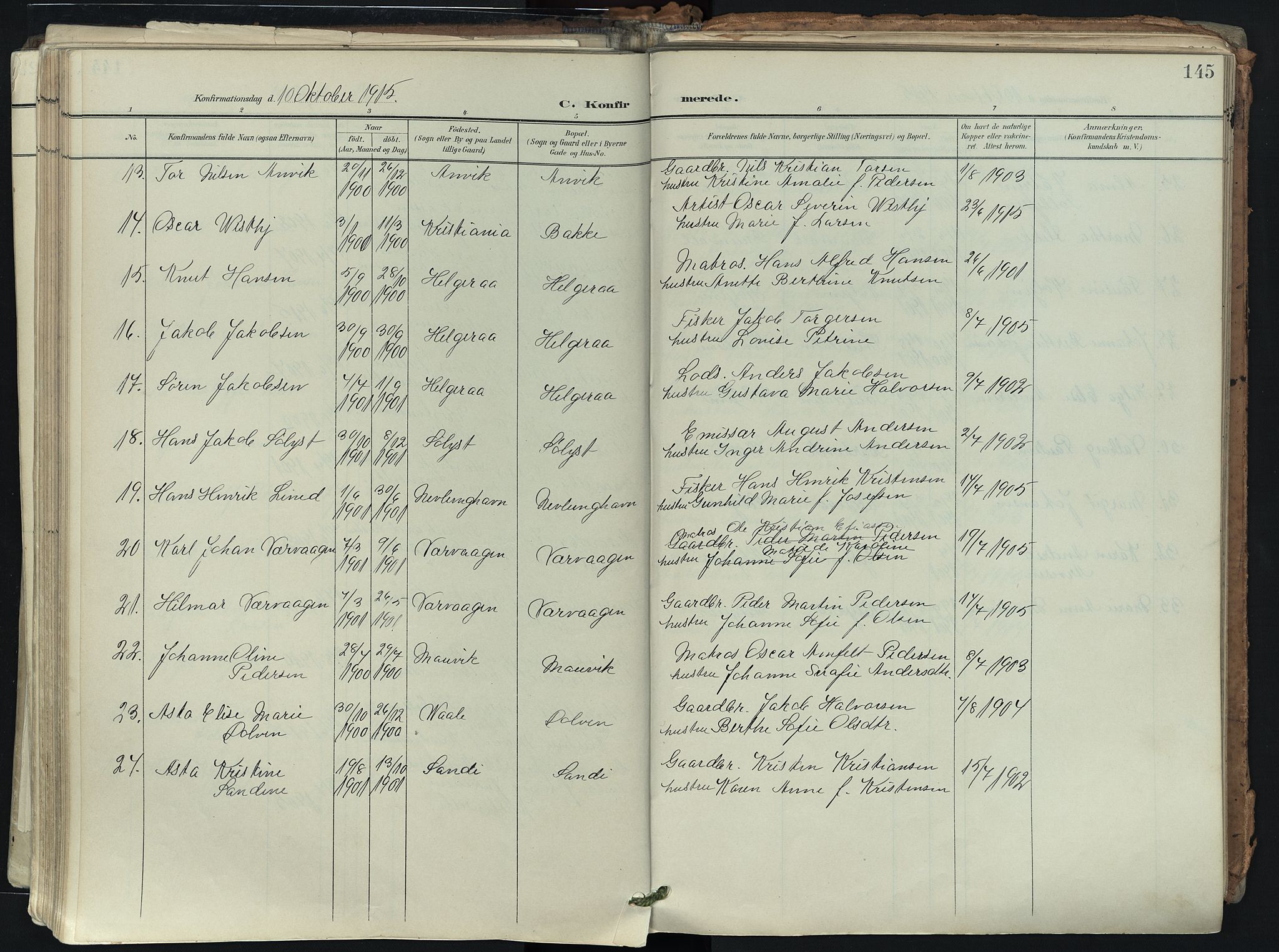 Brunlanes kirkebøker, AV/SAKO-A-342/F/Fb/L0003: Parish register (official) no. II 3, 1900-1922, p. 145
