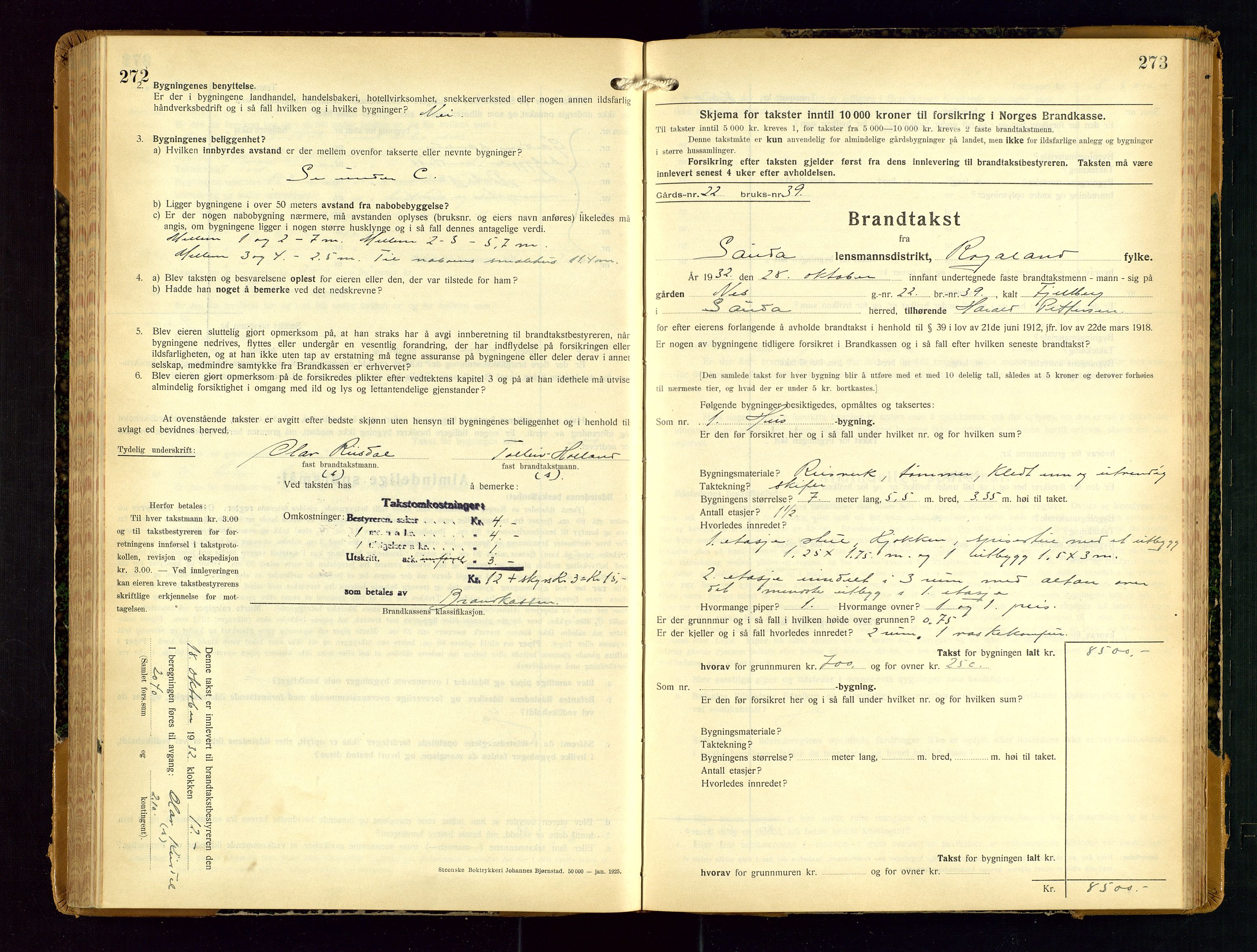 Sauda lensmannskontor, SAST/A-100177/Gob/L0003: Branntakstprotokoll - skjematakst, 1928-1936, p. 272-273