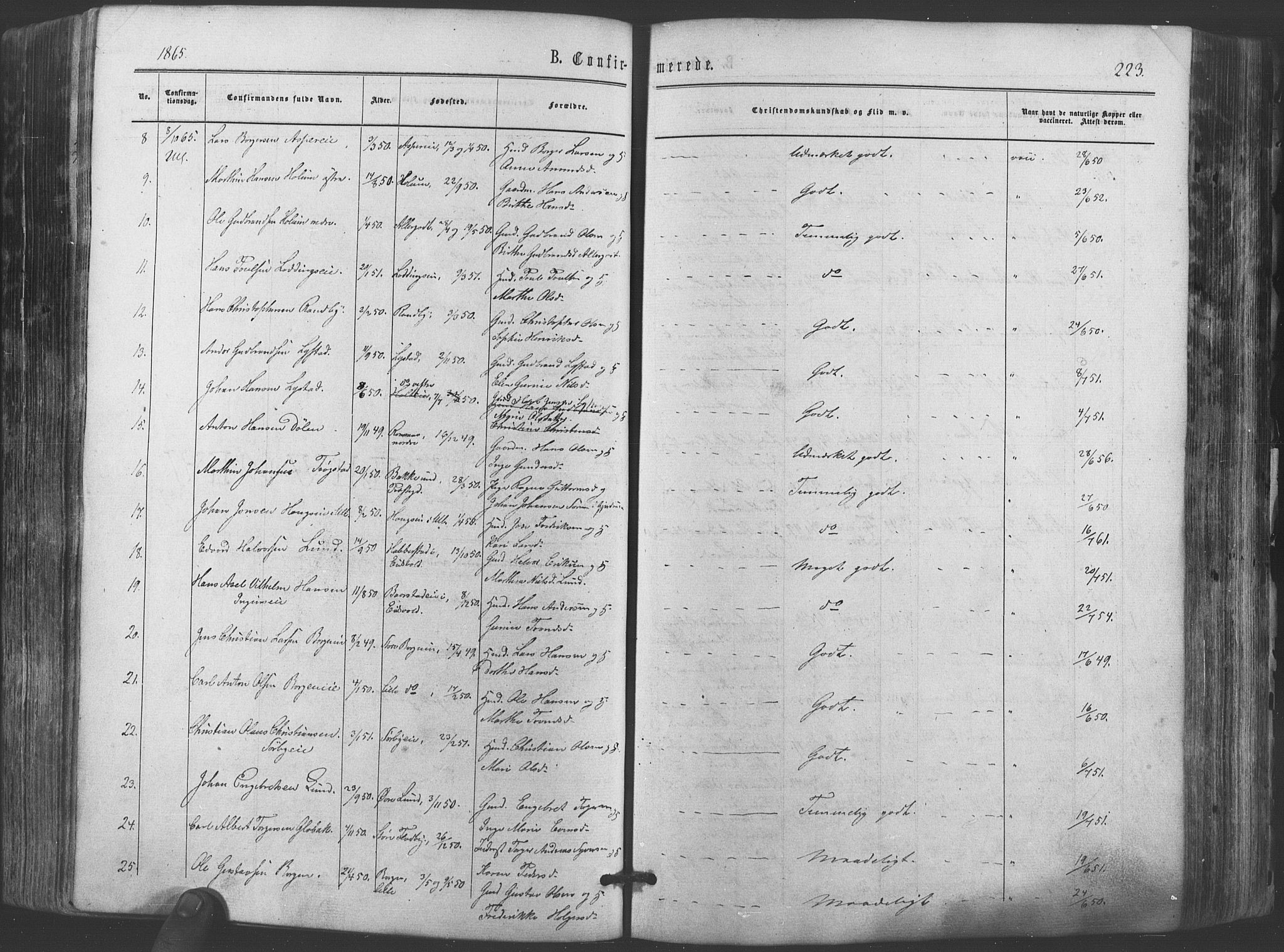 Ullensaker prestekontor Kirkebøker, AV/SAO-A-10236a/F/Fa/L0016: Parish register (official) no. I 16, 1863-1875, p. 223