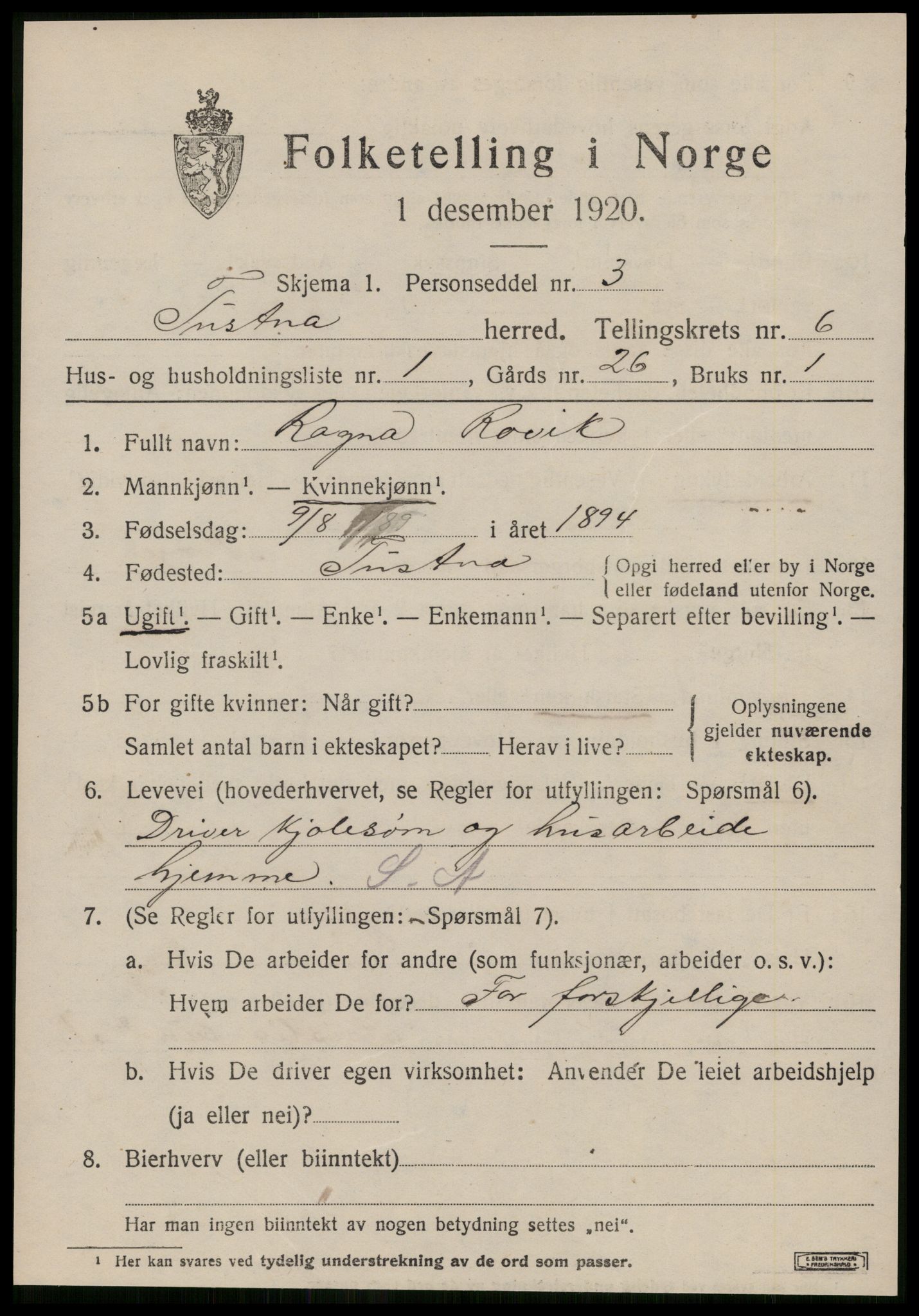 SAT, 1920 census for Tustna, 1920, p. 2687