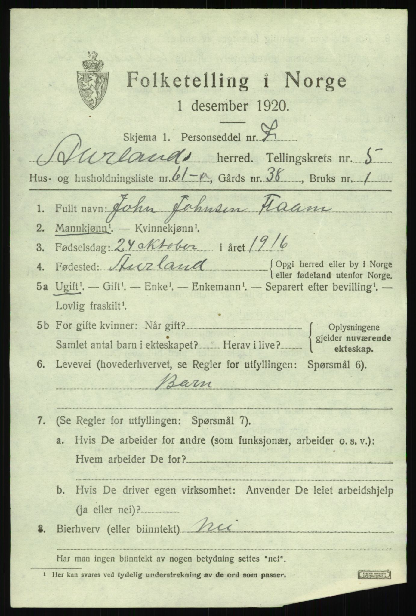 SAB, 1920 census for Aurland, 1920, p. 3858