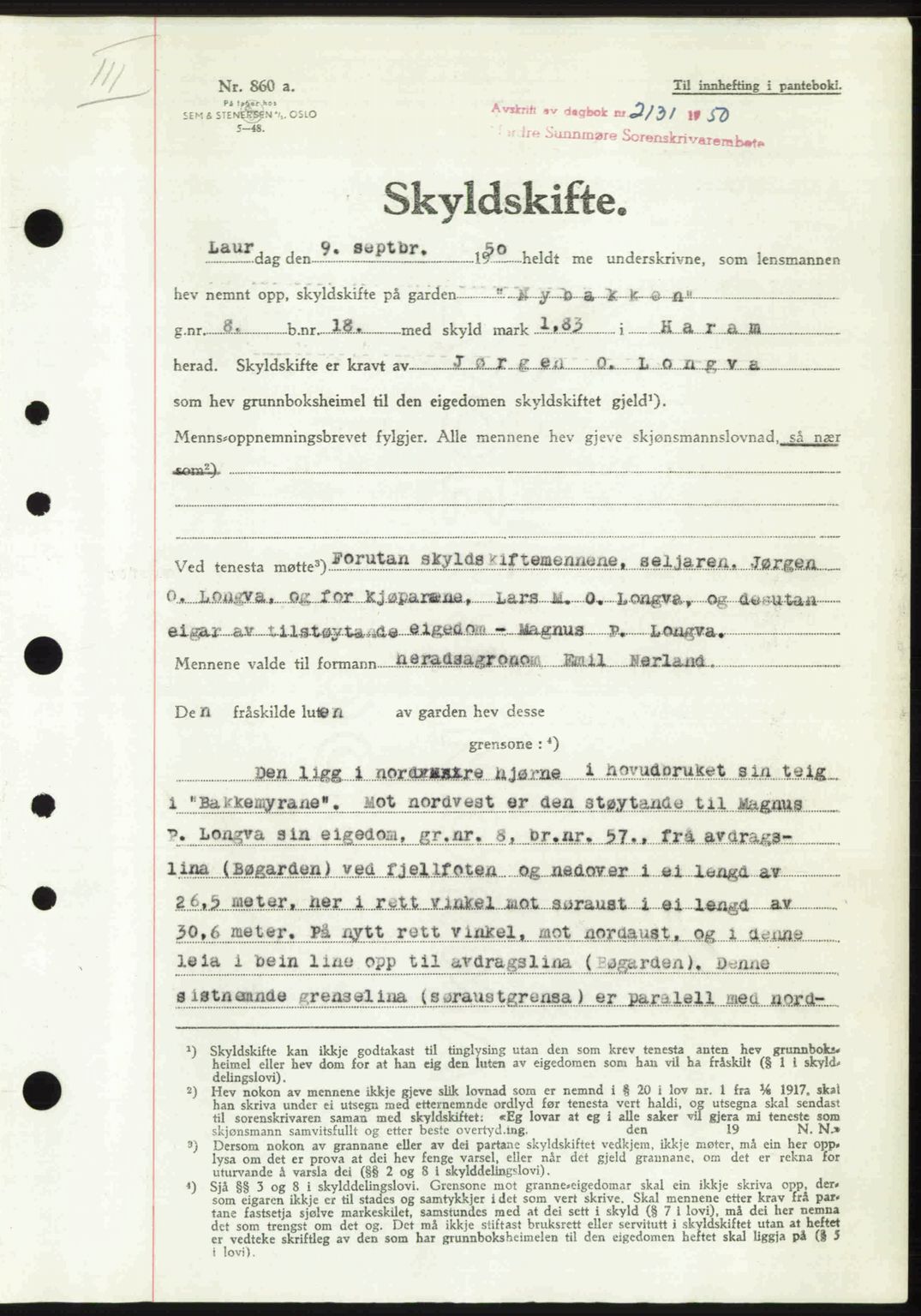 Nordre Sunnmøre sorenskriveri, AV/SAT-A-0006/1/2/2C/2Ca: Mortgage book no. A35, 1950-1950, Diary no: : 2131/1950