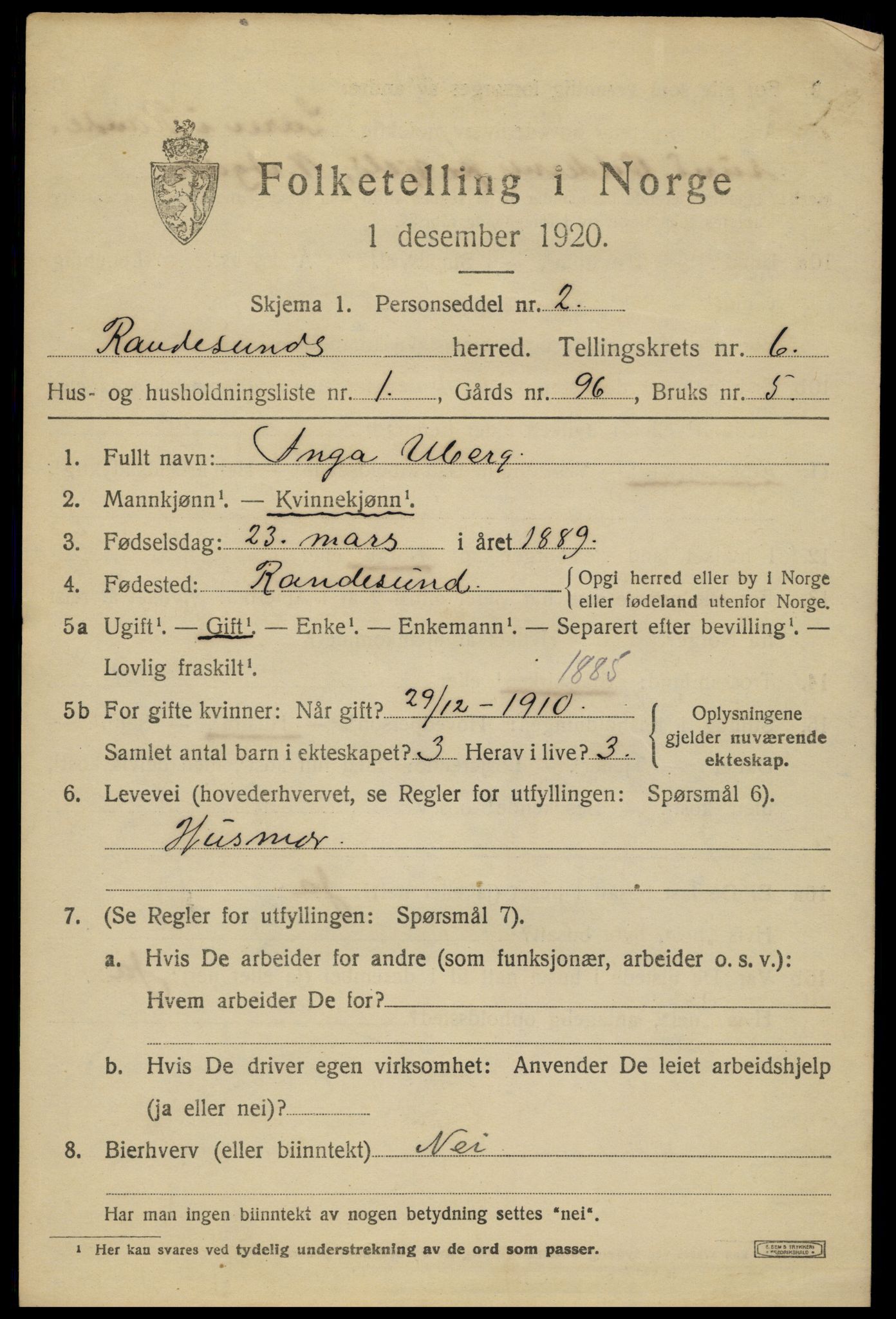 SAK, 1920 census for Randesund, 1920, p. 2748