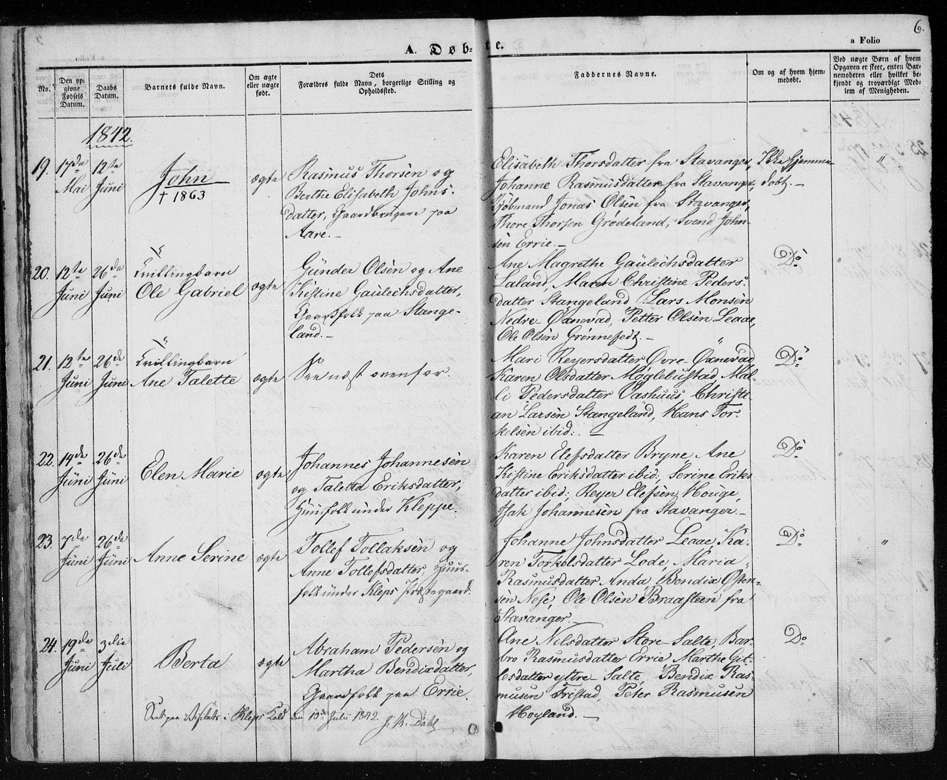 Klepp sokneprestkontor, SAST/A-101803/001/3/30BA/L0004: Parish register (official) no. A 4, 1842-1852, p. 6