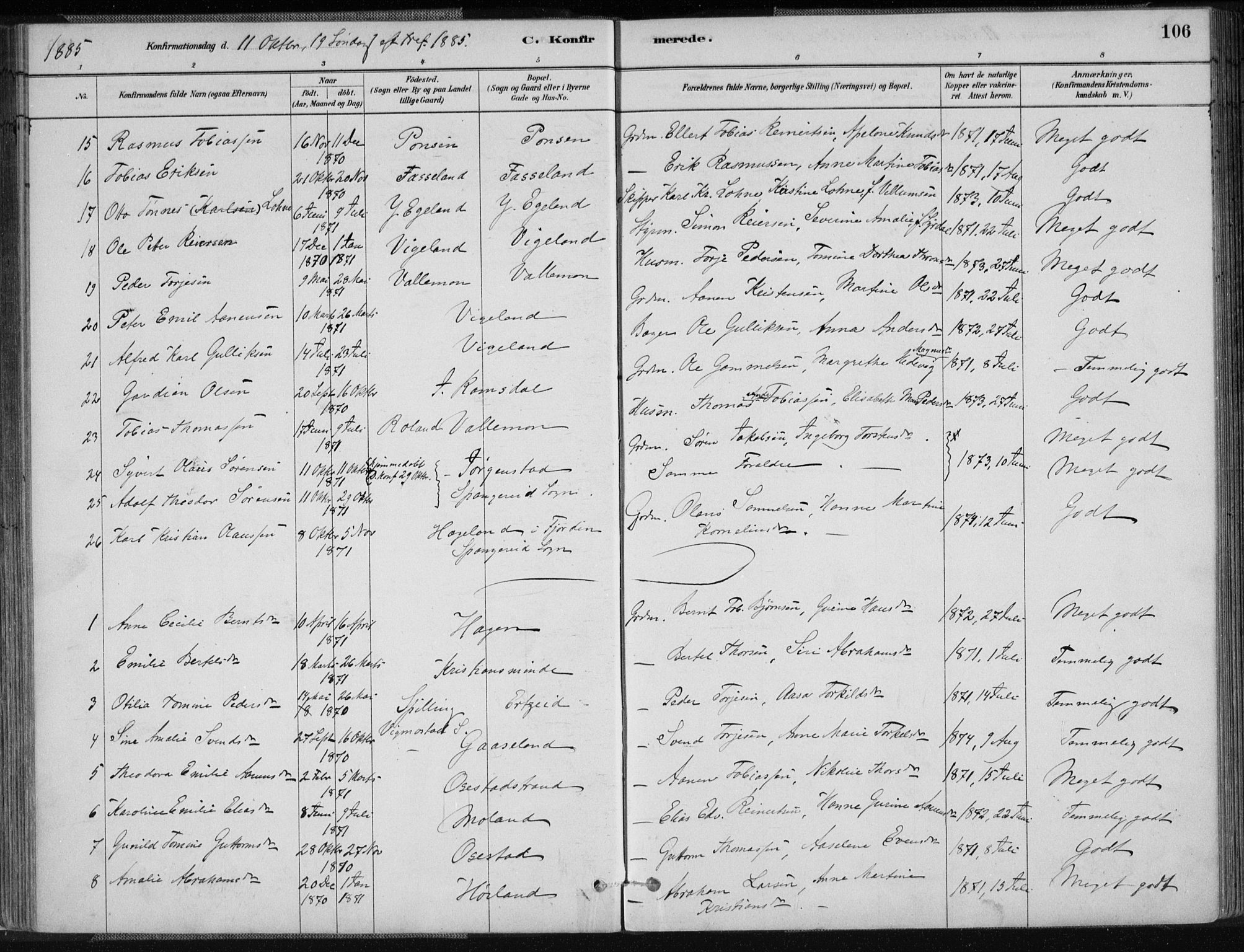 Sør-Audnedal sokneprestkontor, AV/SAK-1111-0039/F/Fa/Fab/L0009: Parish register (official) no. A 9, 1880-1895, p. 106