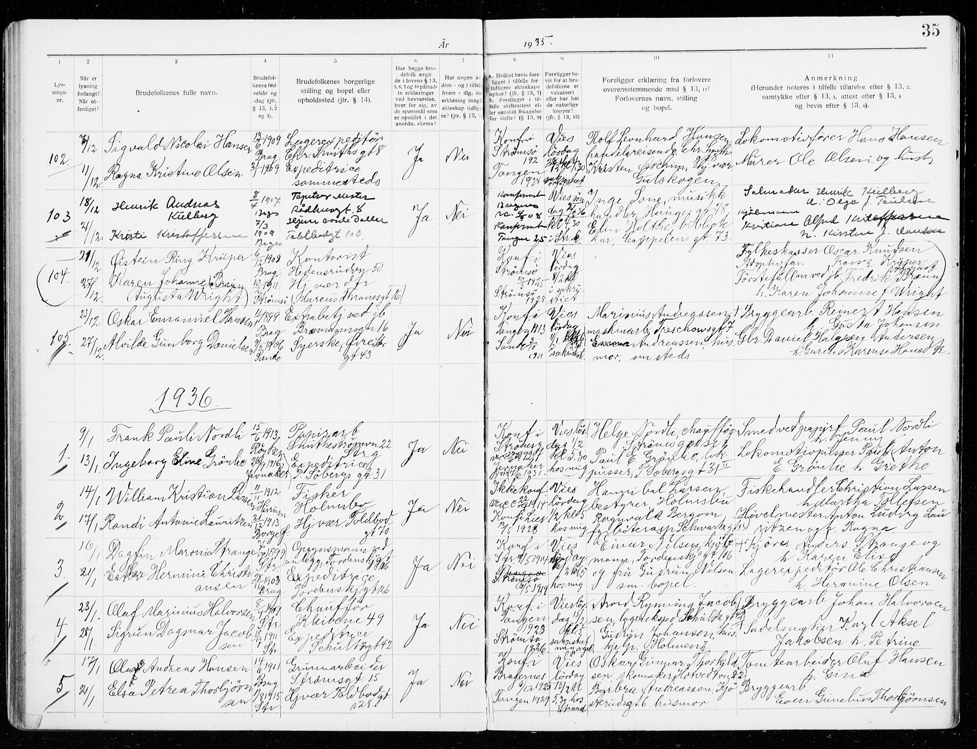 Strømsø kirkebøker, SAKO/A-246/H/Ha/L0019: Banns register no. 19, 1932-1941, p. 35