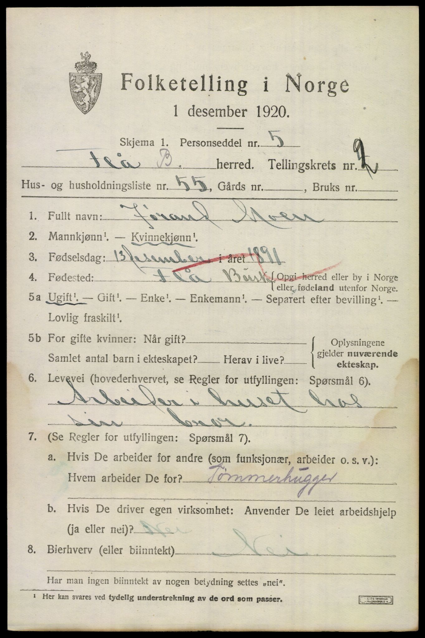 SAKO, 1920 census for Flå, 1920, p. 2041