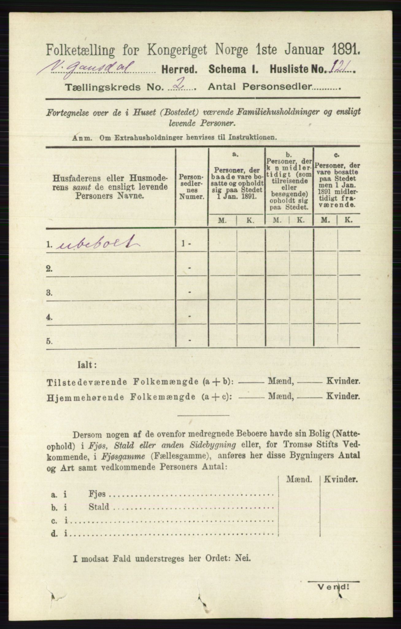 RA, 1891 census for 0523 Vestre Gausdal, 1891, p. 505