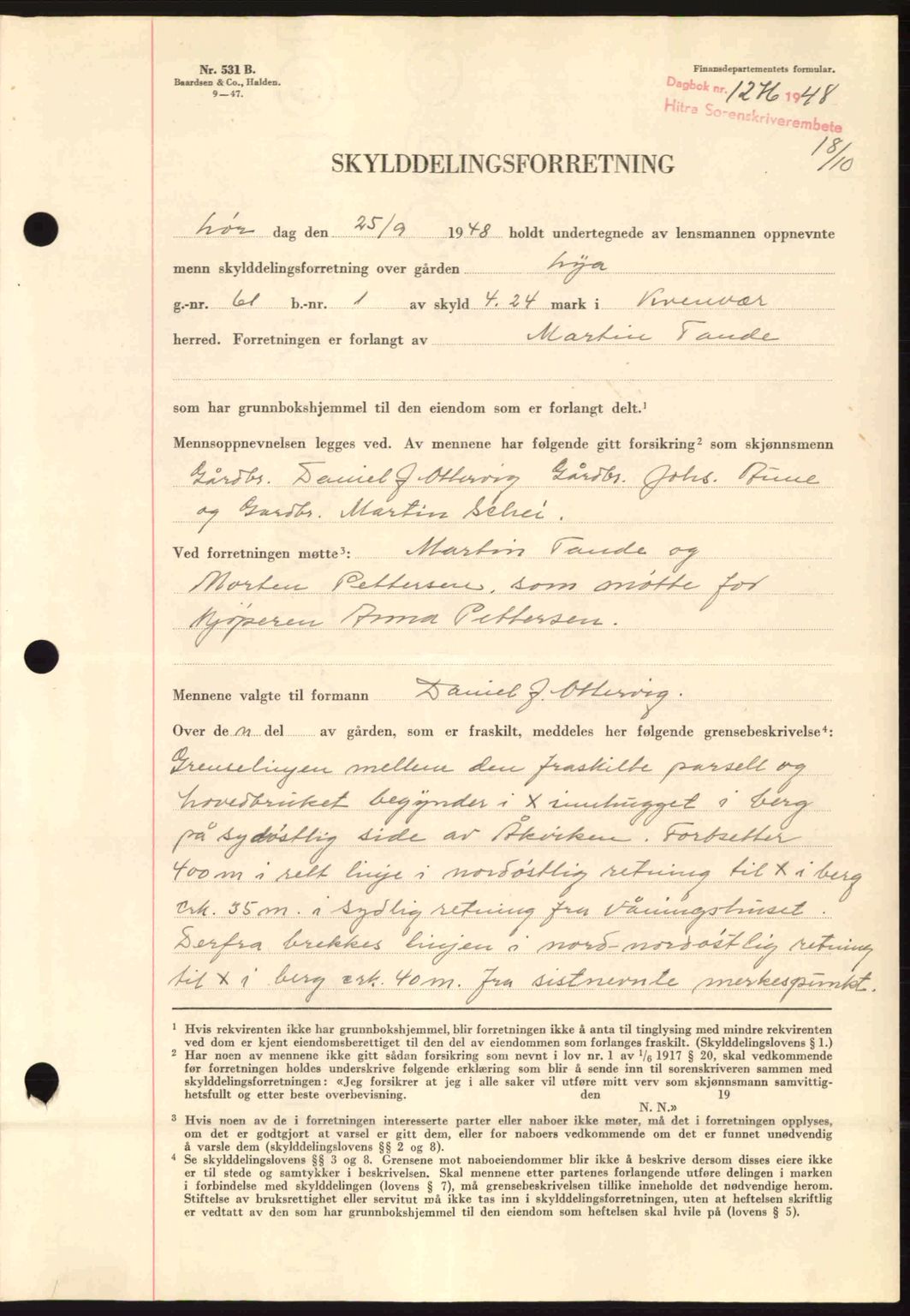 Hitra sorenskriveri, SAT/A-0018/2/2C/2Ca: Mortgage book no. A5, 1947-1948, Diary no: : 1276/1948
