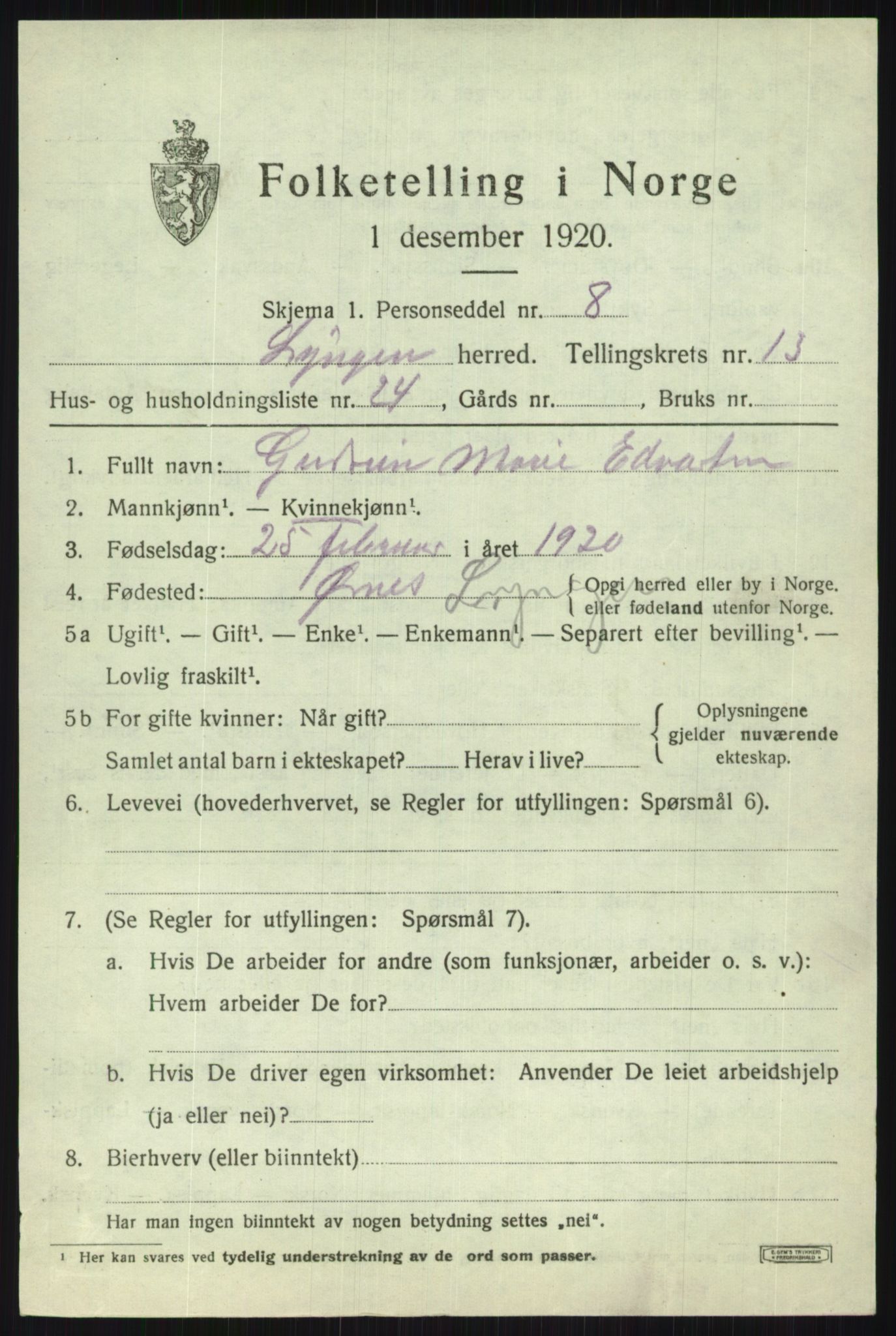 SATØ, 1920 census for Lyngen, 1920, p. 10383