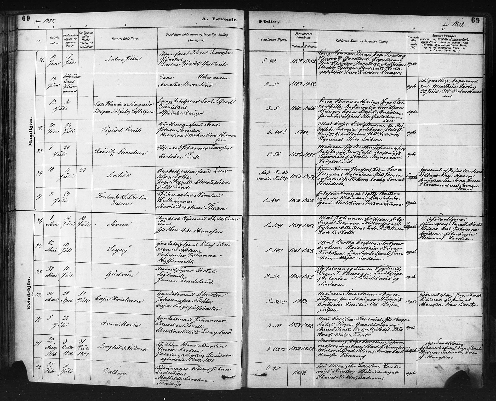 Nykirken Sokneprestembete, SAB/A-77101/H/Haa: Parish register (official) no. B 5, 1885-1894, p. 69
