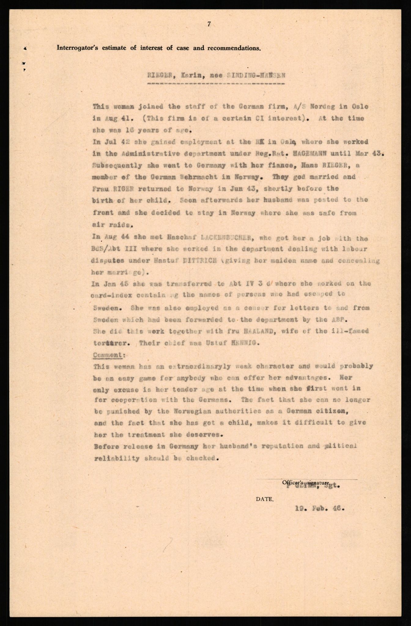 Forsvaret, Forsvarets overkommando II, AV/RA-RAFA-3915/D/Db/L0027: CI Questionaires. Tyske okkupasjonsstyrker i Norge. Tyskere., 1945-1946, p. 385