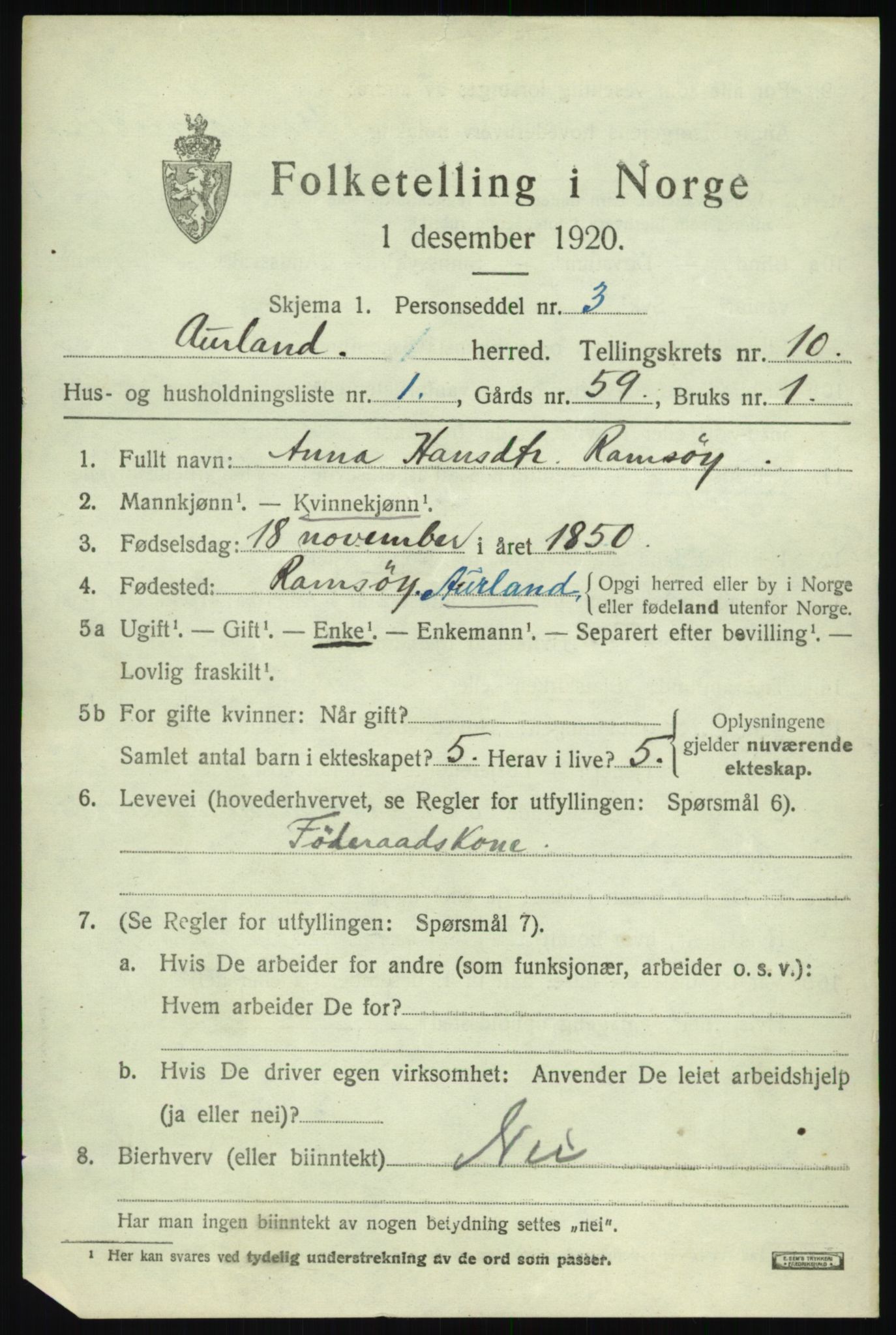 SAB, 1920 census for Aurland, 1920, p. 5032