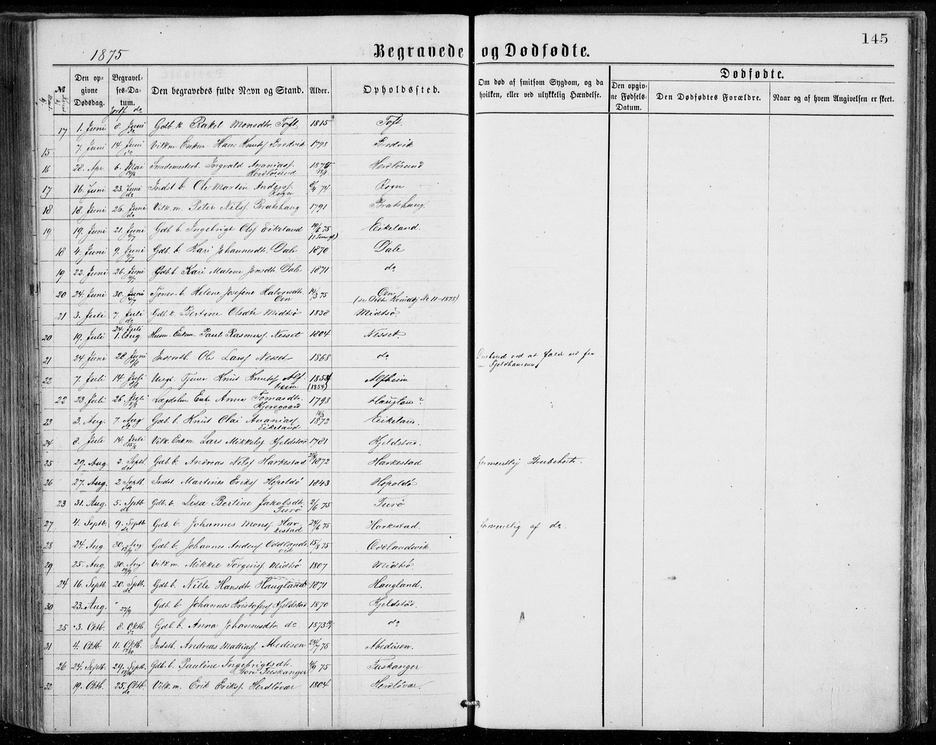 Herdla Sokneprestembete, AV/SAB-A-75701/H/Haa: Parish register (official) no. A 2, 1869-1877, p. 145