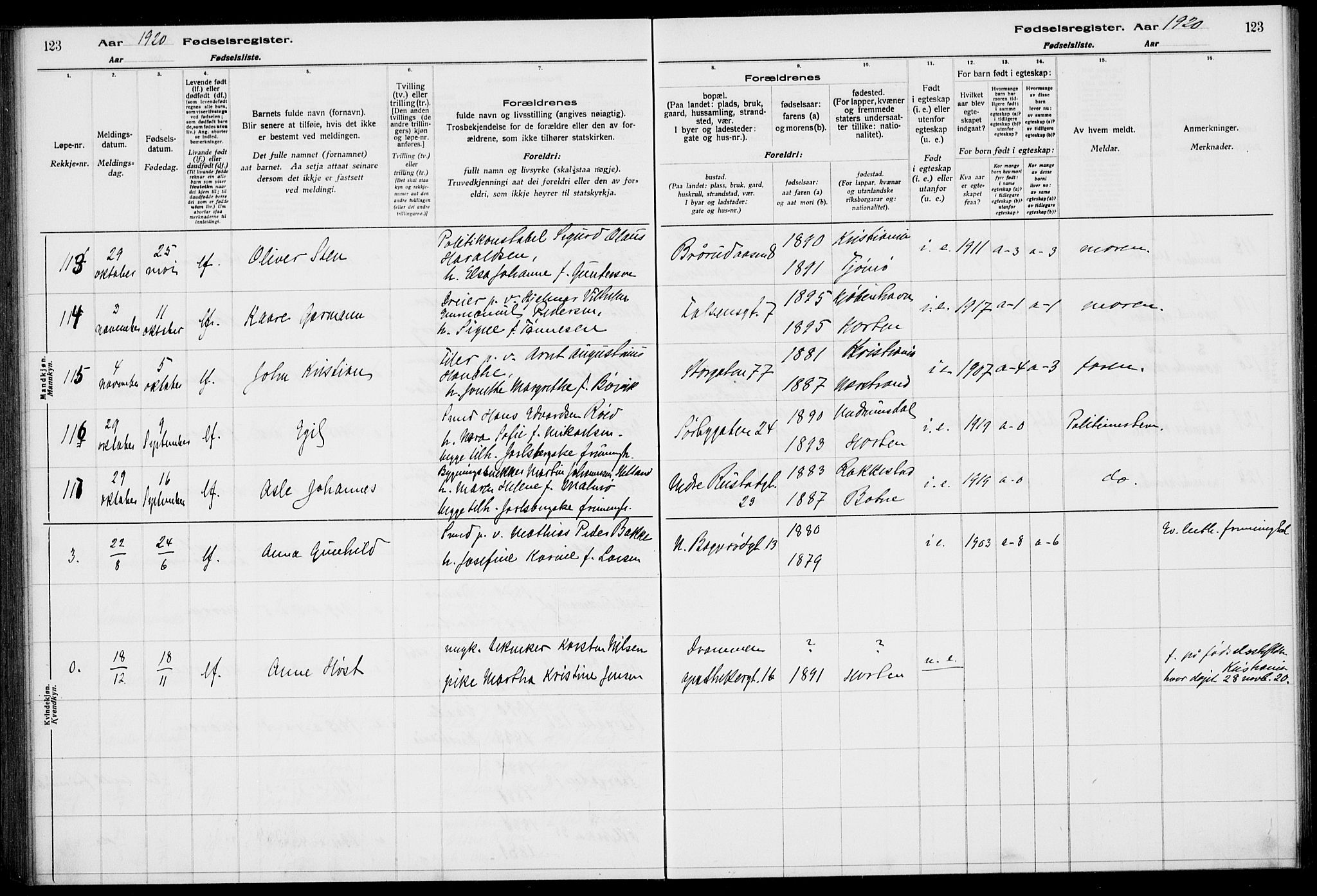 Horten kirkebøker, AV/SAKO-A-348/J/Ja/L0001: Birth register no. 1, 1916-1923, p. 123