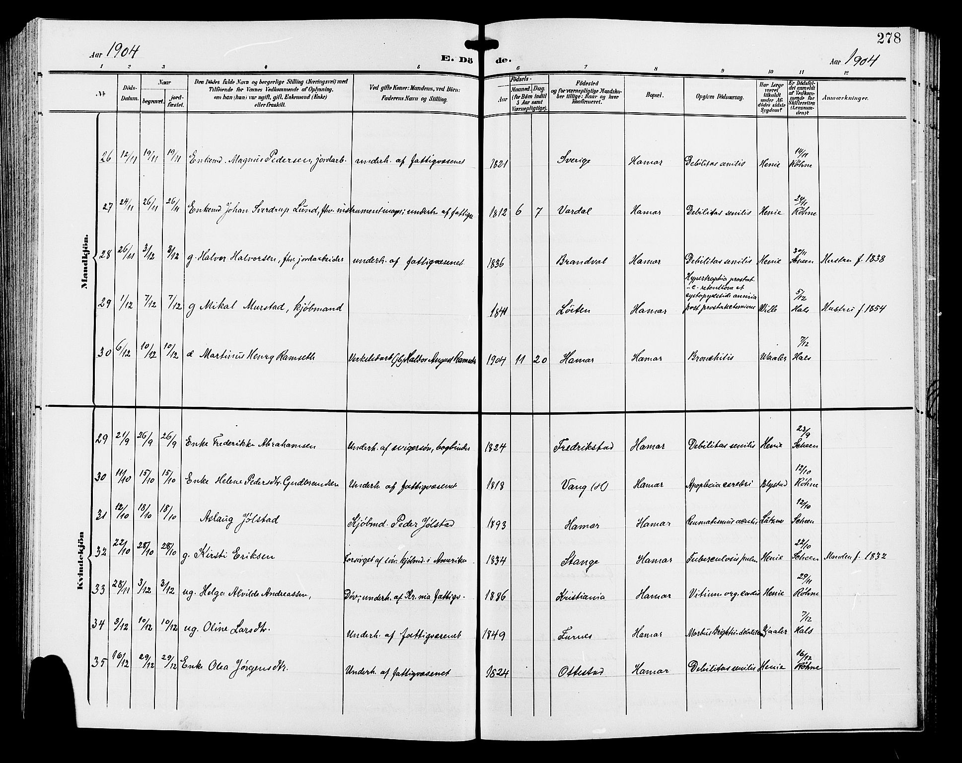 Hamar prestekontor, AV/SAH-DOMPH-002/H/Ha/Hab/L0001: Parish register (copy) no. 1, 1899-1914, p. 278