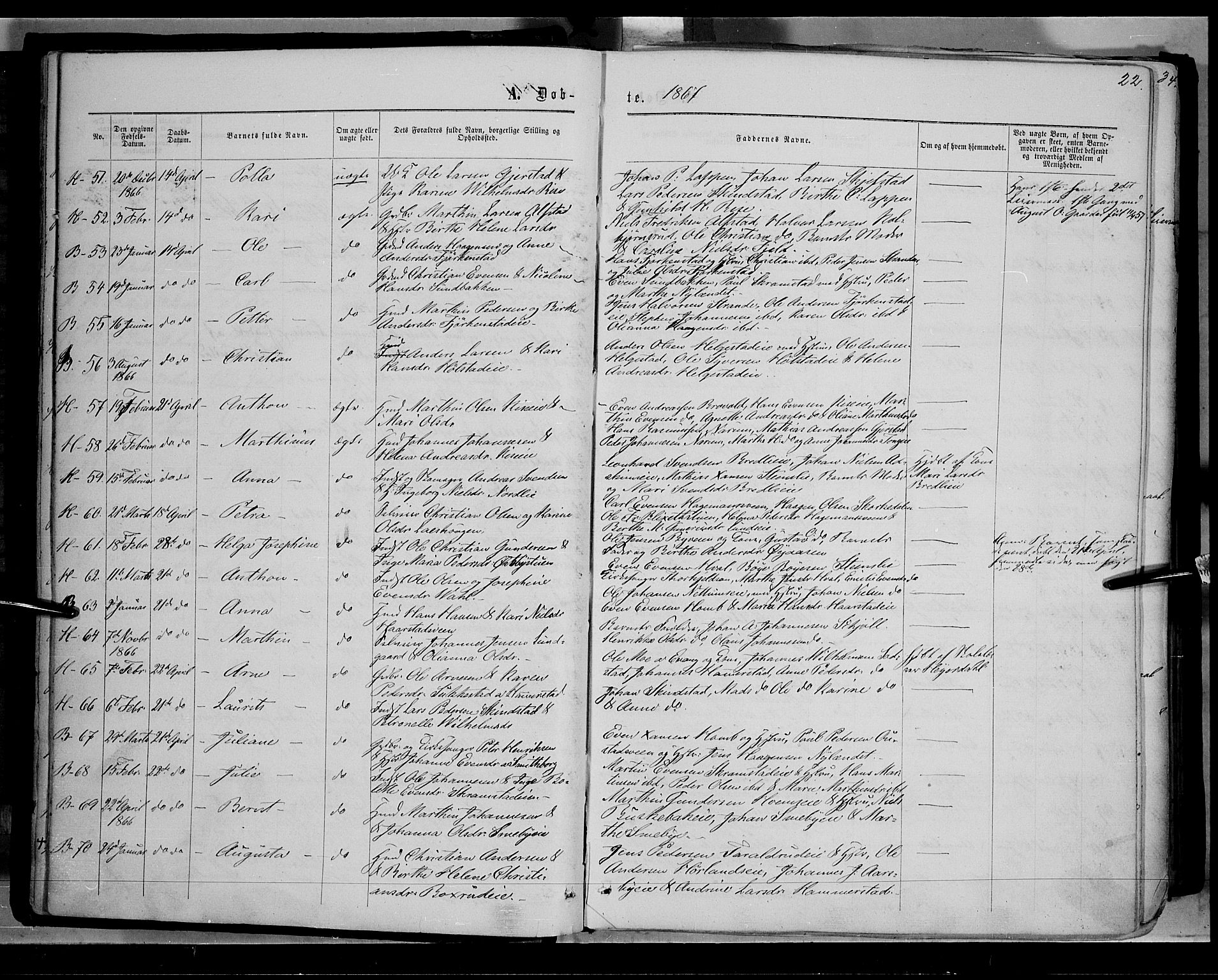 Østre Toten prestekontor, AV/SAH-PREST-104/H/Ha/Haa/L0005: Parish register (official) no. 5, 1866-1877, p. 22