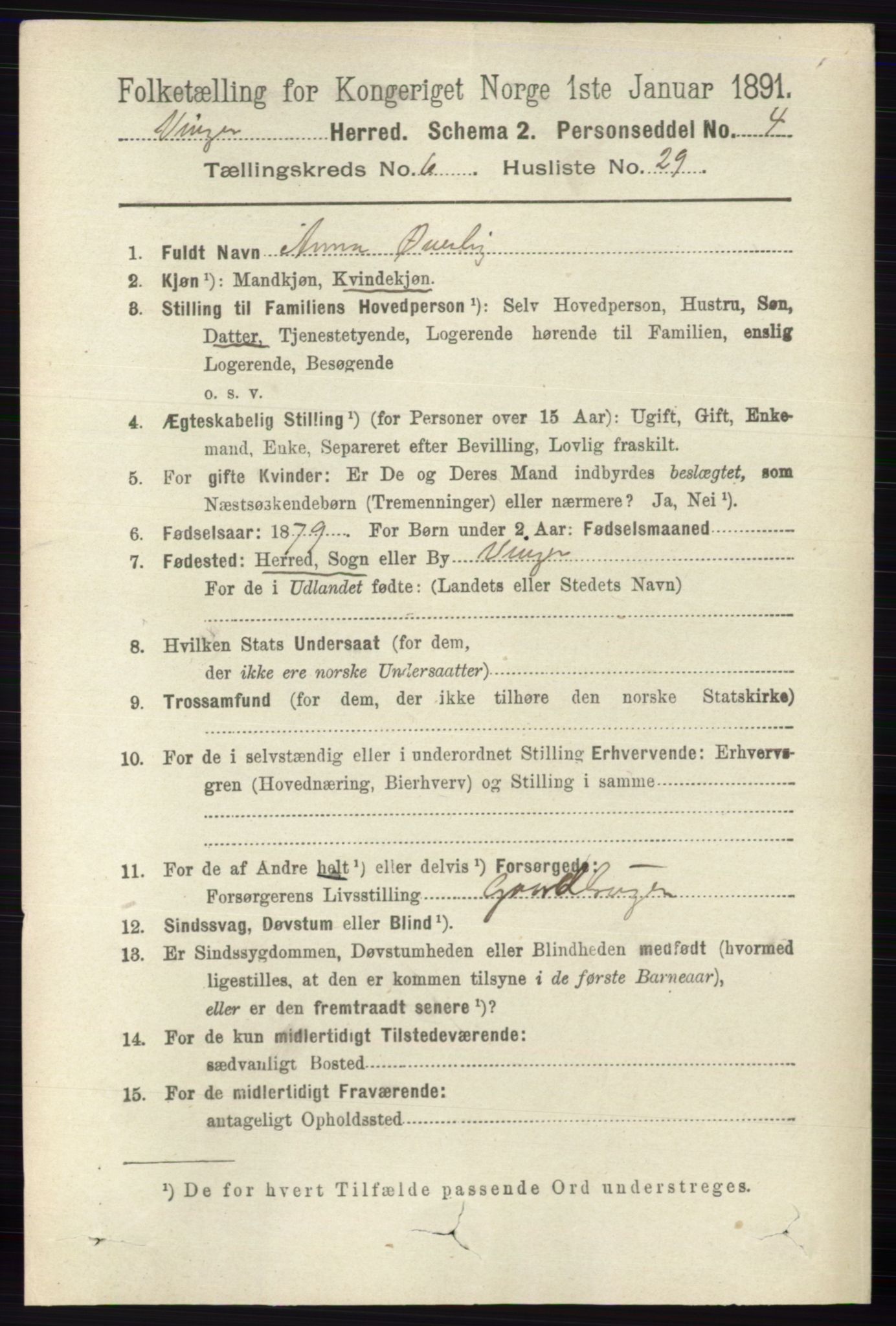 RA, 1891 census for 0421 Vinger, 1891, p. 2781