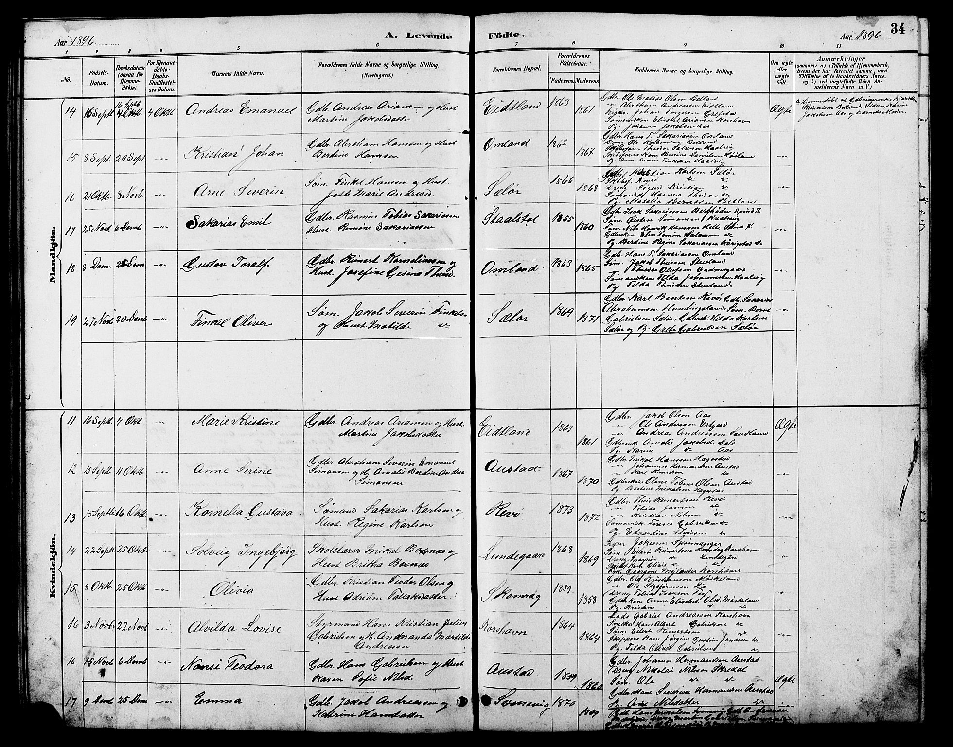 Lyngdal sokneprestkontor, SAK/1111-0029/F/Fb/Fba/L0003: Parish register (copy) no. B 3, 1886-1903, p. 34