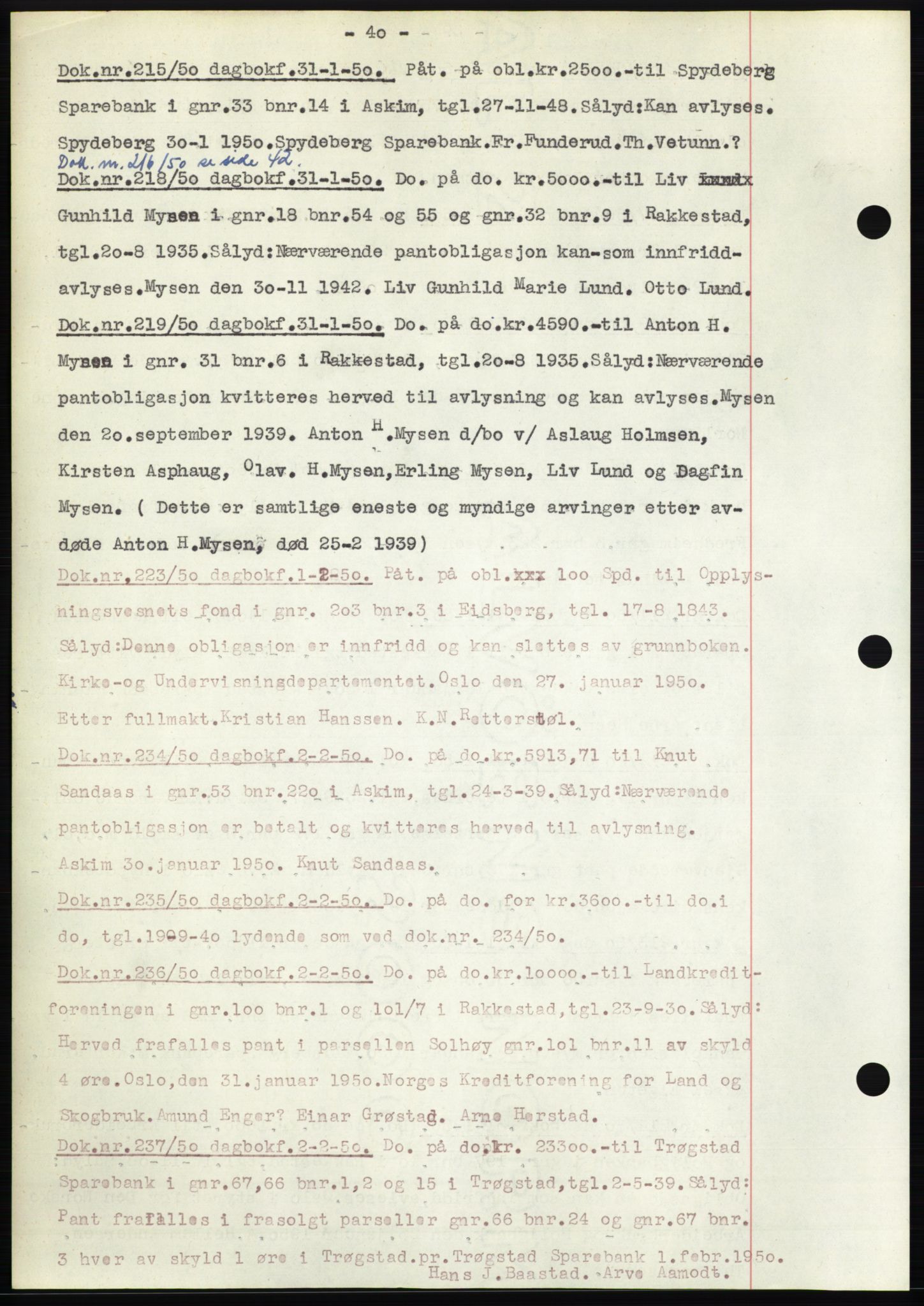Rakkestad sorenskriveri, SAO/A-10686/G/Gb/Gba/Gbac/L0012: Mortgage book no. B1-4 og B16-20, 1949-1950, Diary no: : 215/1950