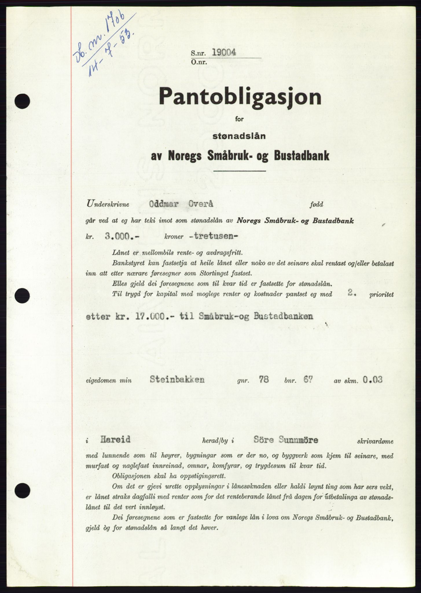 Søre Sunnmøre sorenskriveri, AV/SAT-A-4122/1/2/2C/L0123: Mortgage book no. 11B, 1953-1953, Diary no: : 1706/1953